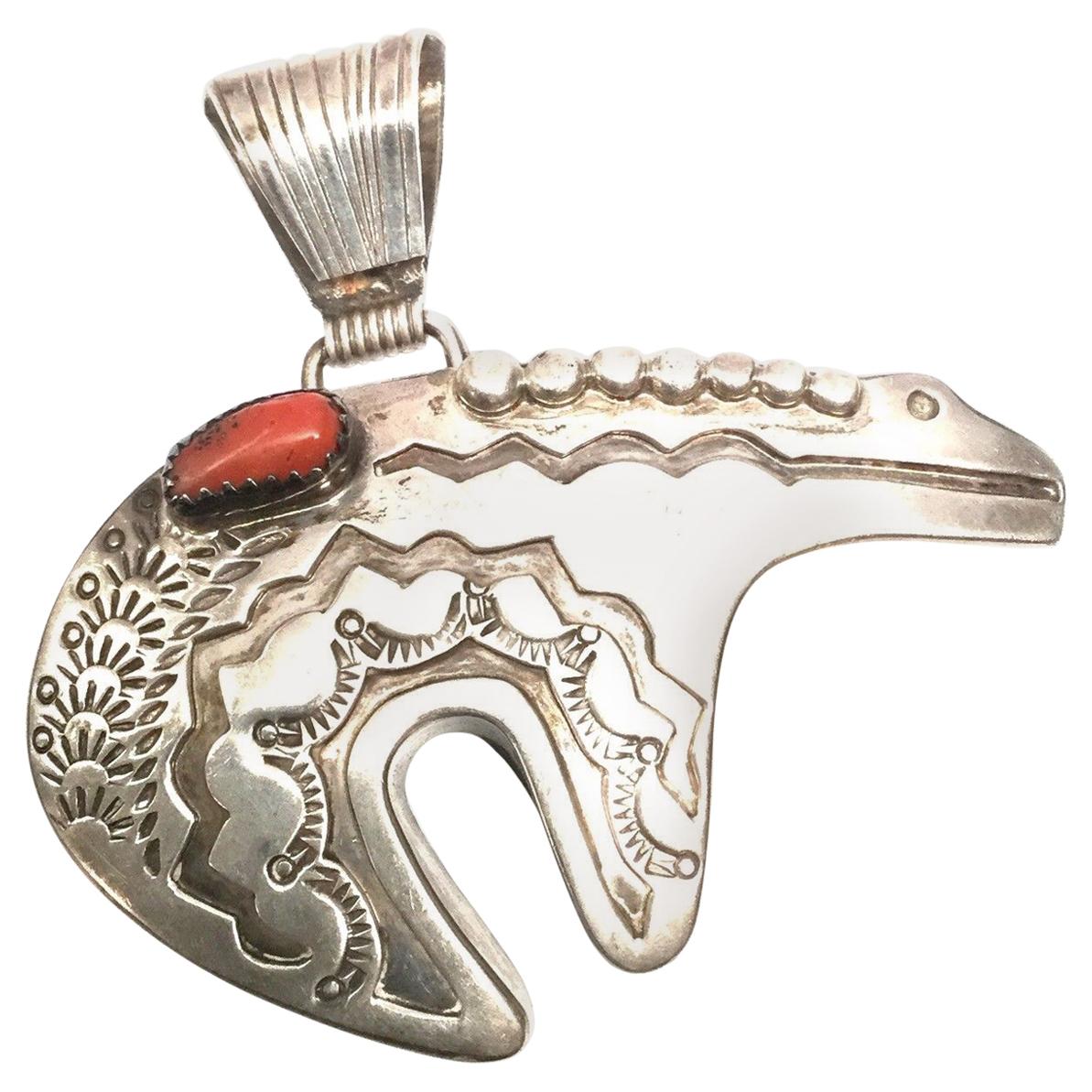 M. Begay Native American Sterling Silver and Coral Bear Pendant