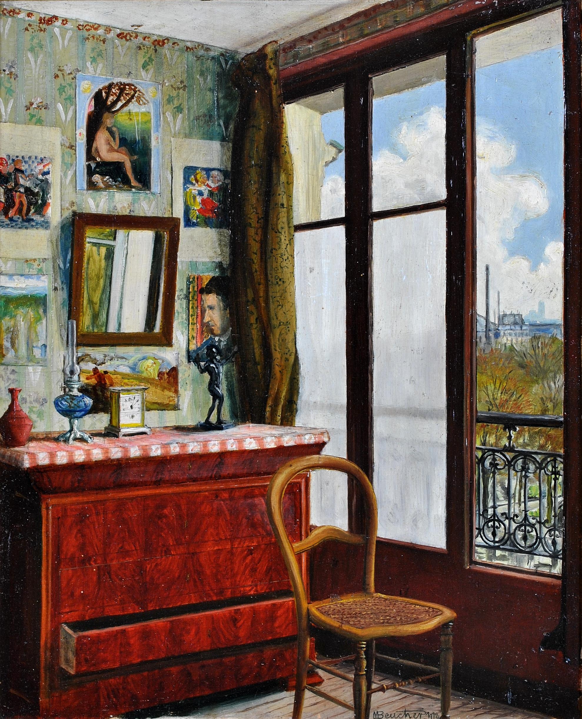 Interior de apartamento - Antique French Paris Óleo sobre tabla Pintura de terraza con ventana - Painting de M. Beucher