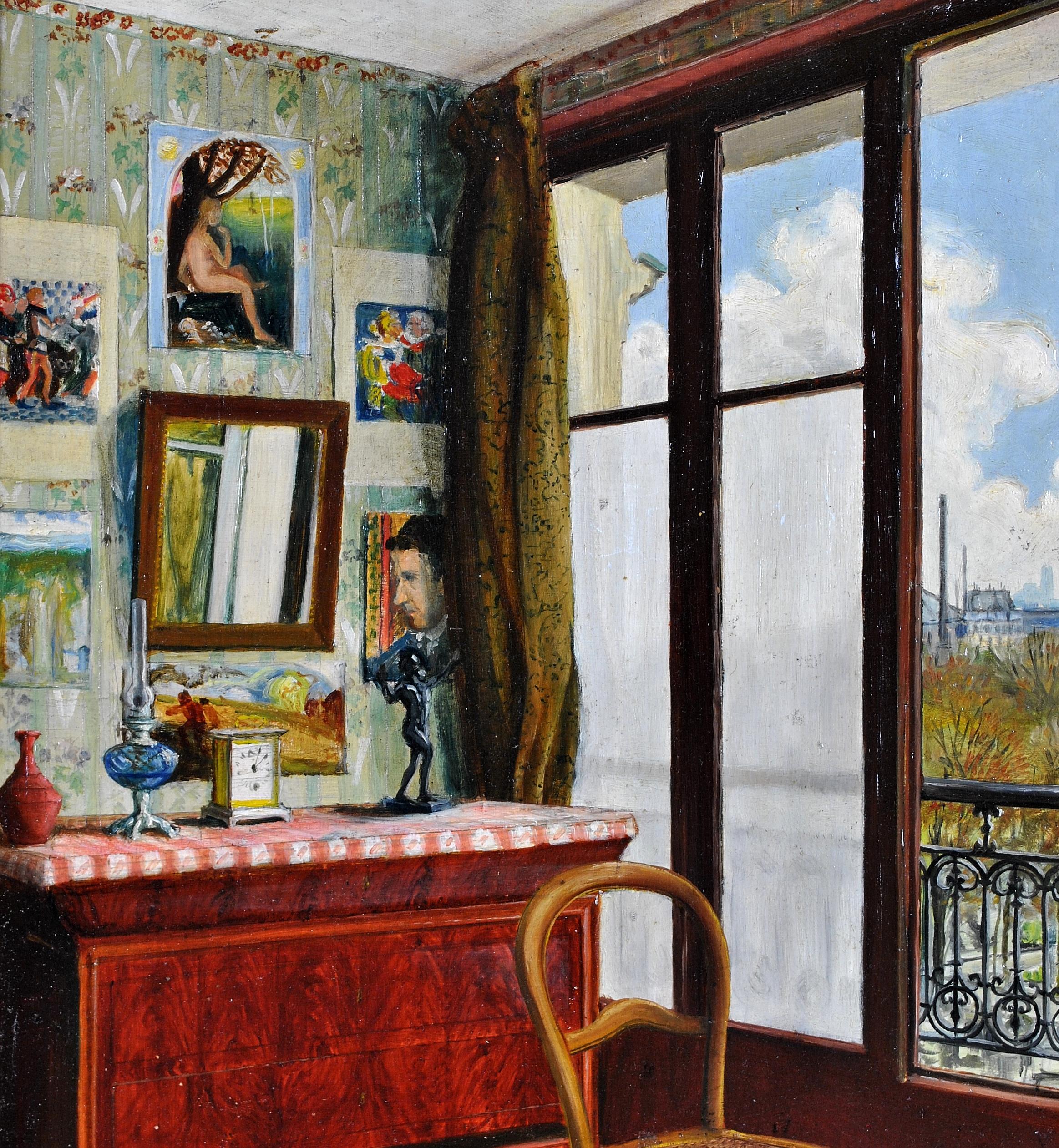Interior de apartamento - Antique French Paris Óleo sobre tabla Pintura de terraza con ventana - Interior Painting Negro de M. Beucher