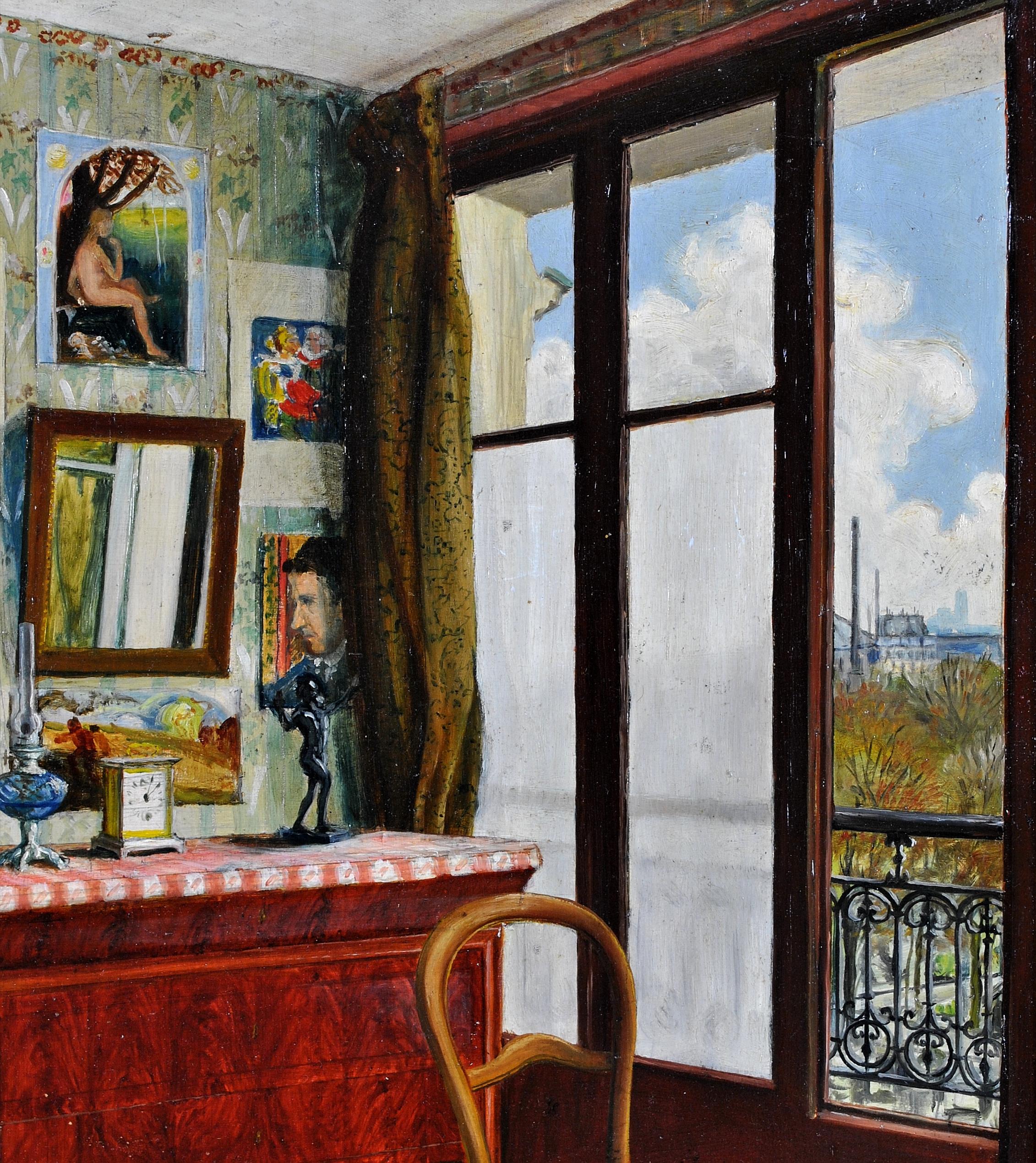 Precioso óleo sobre tabla firmado y fechado en 1912 que representa el interior de un apartamento, probablemente en París, con terraza y cuadros sobre una cómoda. Presentado en un marco de madera pintada.

Artista: M. Beucher (francés, siglo