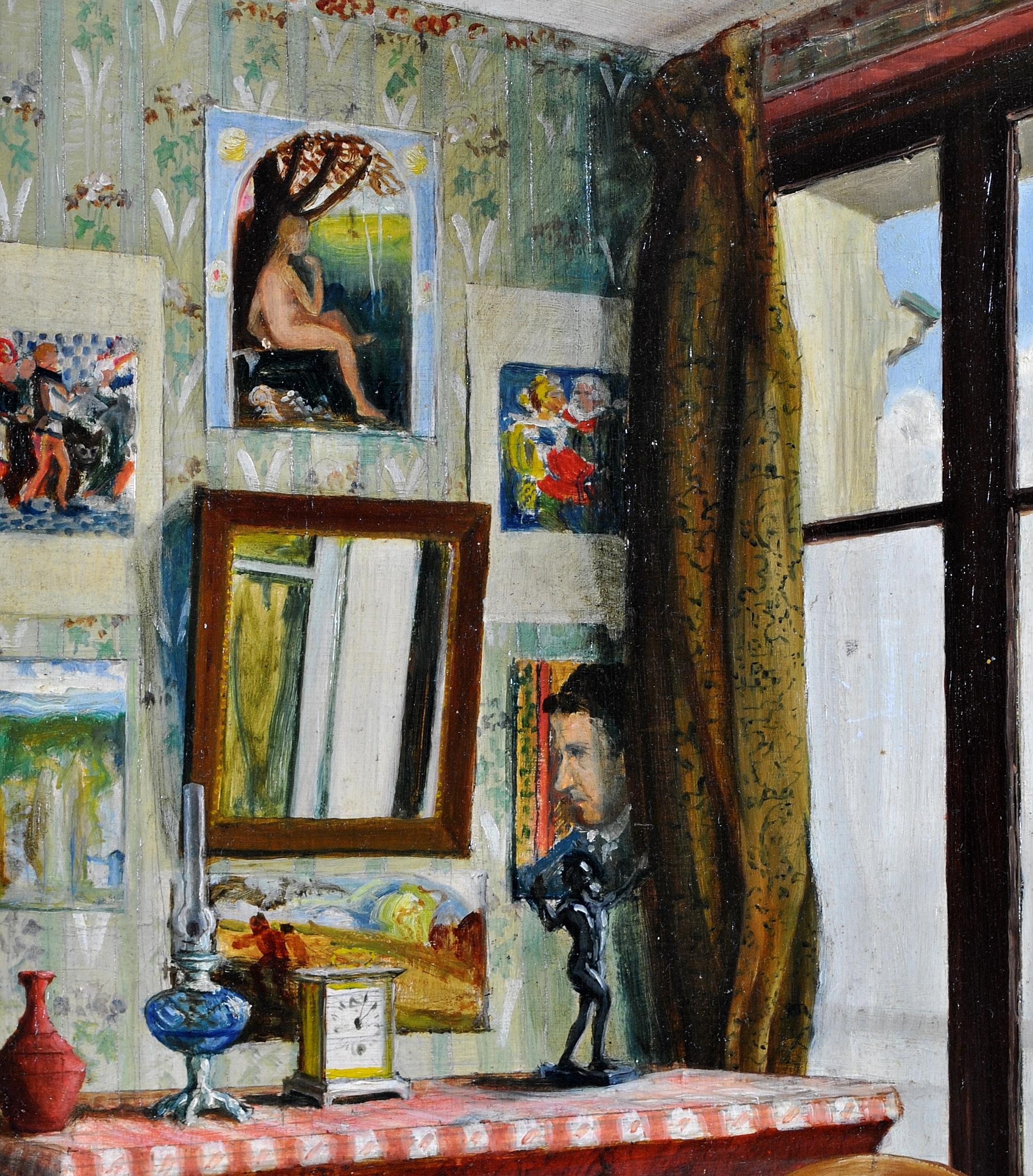 Interior de apartamento - Antique French Paris Óleo sobre tabla Pintura de terraza con ventana 1