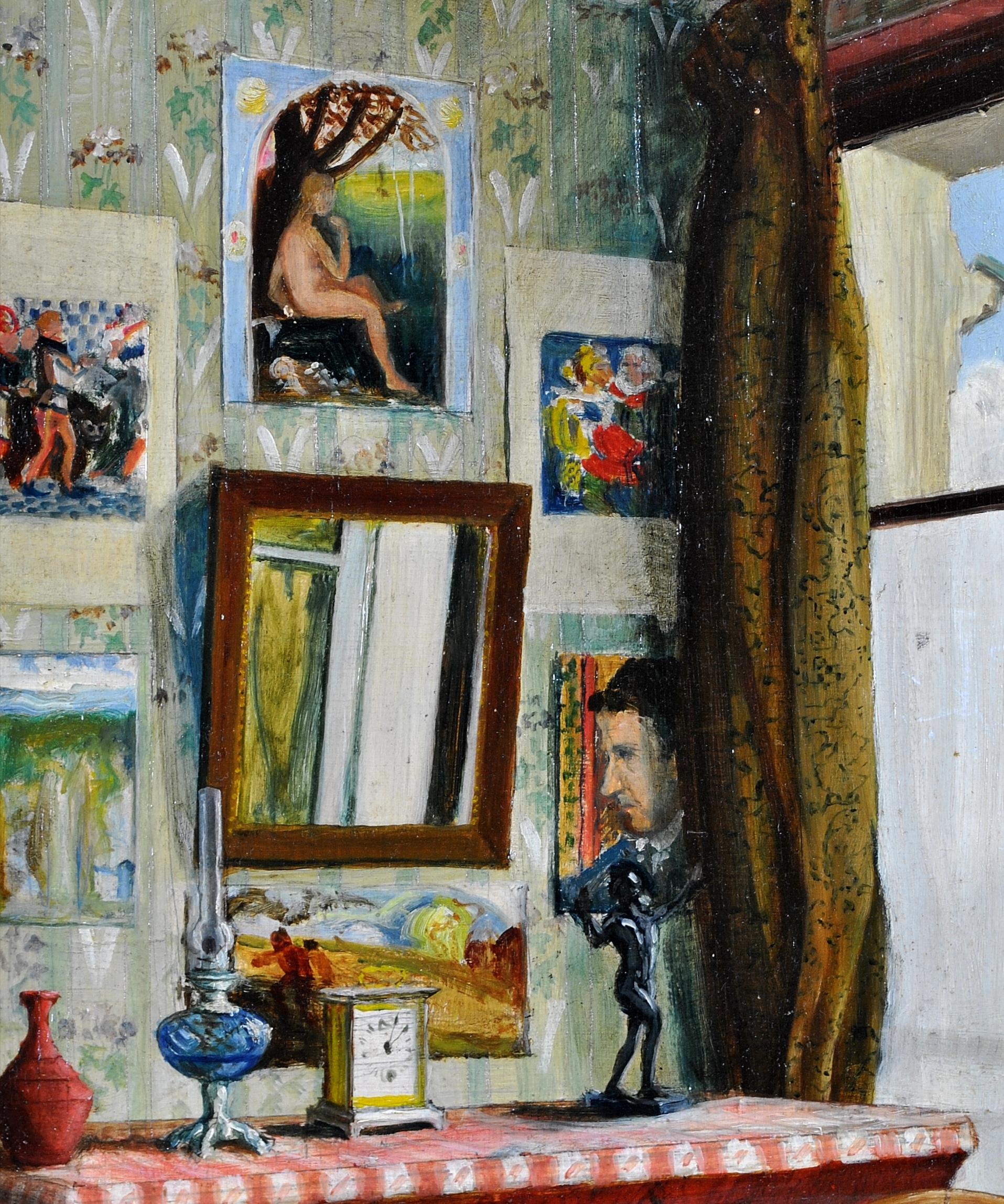 Interior de apartamento - Antique French Paris Óleo sobre tabla Pintura de terraza con ventana 2