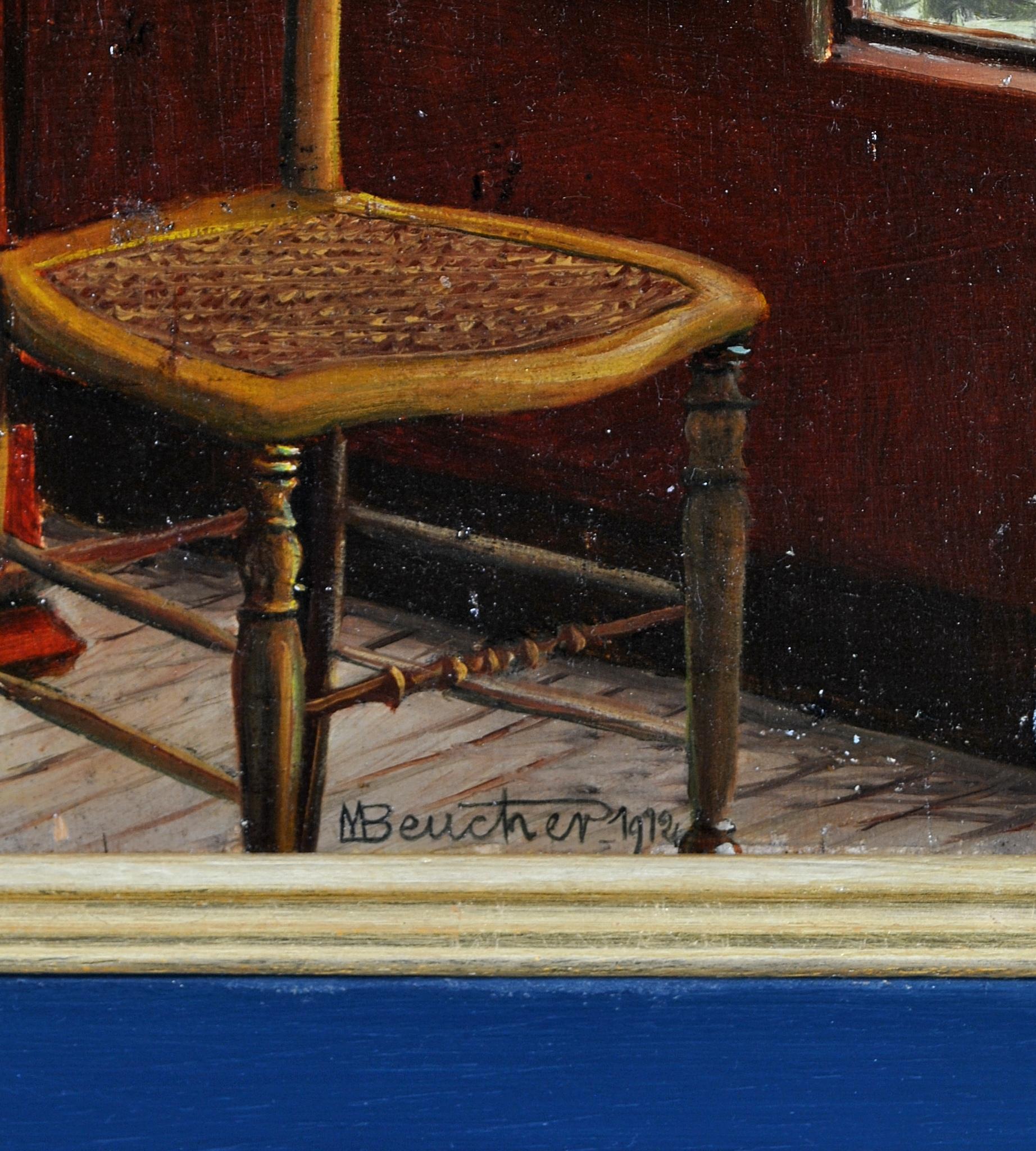 Interior de apartamento - Antique French Paris Óleo sobre tabla Pintura de terraza con ventana 3
