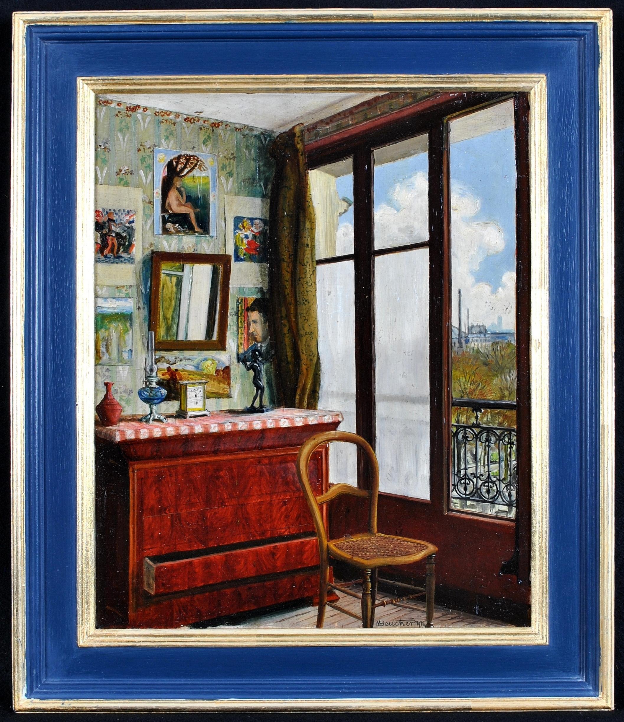 Interior de apartamento - Antique French Paris Óleo sobre tabla Pintura de terraza con ventana 4
