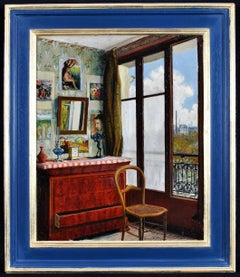 Apartment Interior - Antique French Paris Oil on Panel Window Terrace Painting