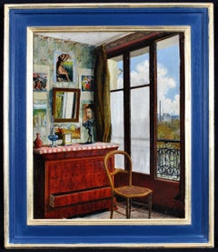 Peinture à l'huile sur panneau d'une fenêtre d'intérieur d'un appartement français ancien de Paris