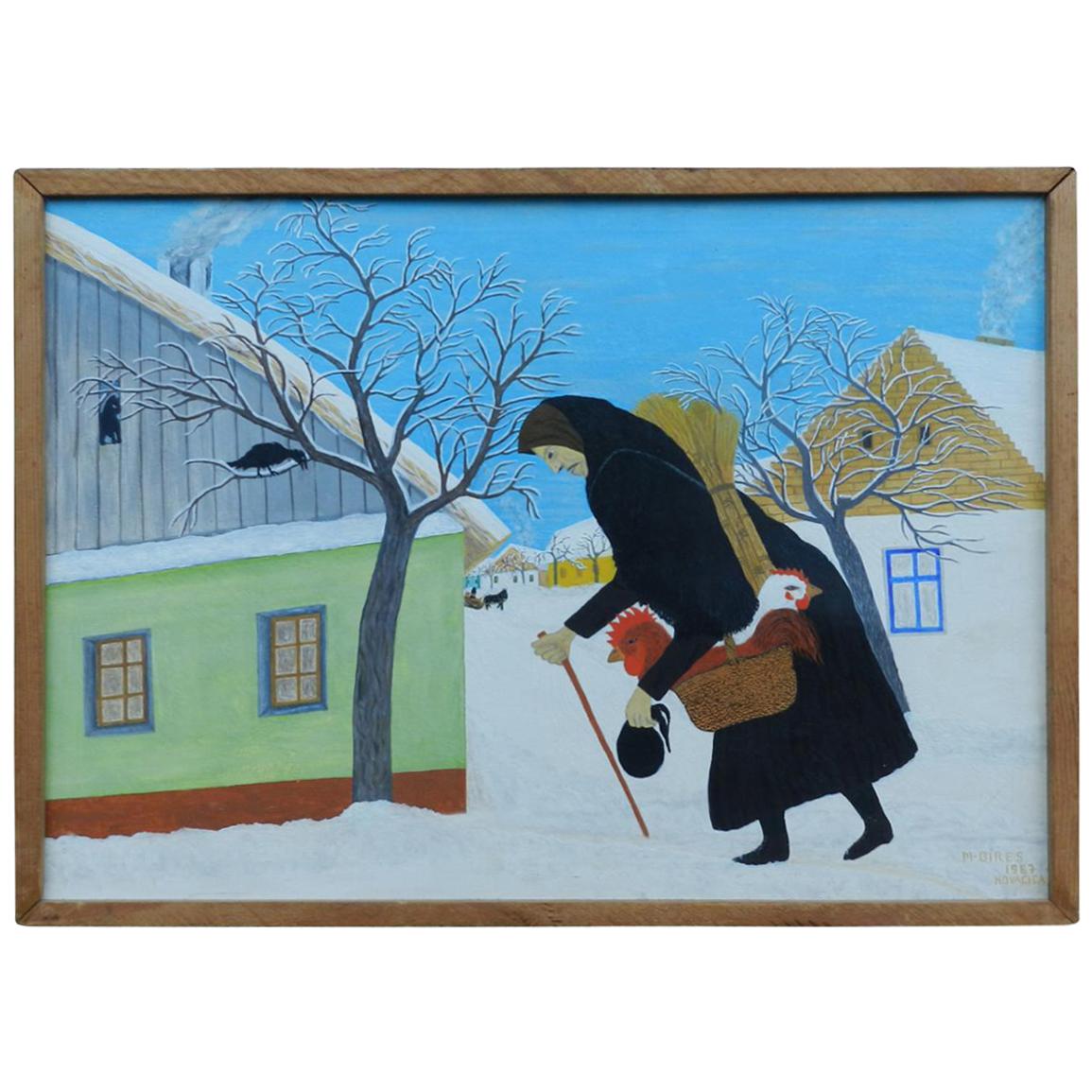 M. Bires, Painting Hst "Landscape Naif" Slovak School, Located in Kovacica, 1967 For Sale
