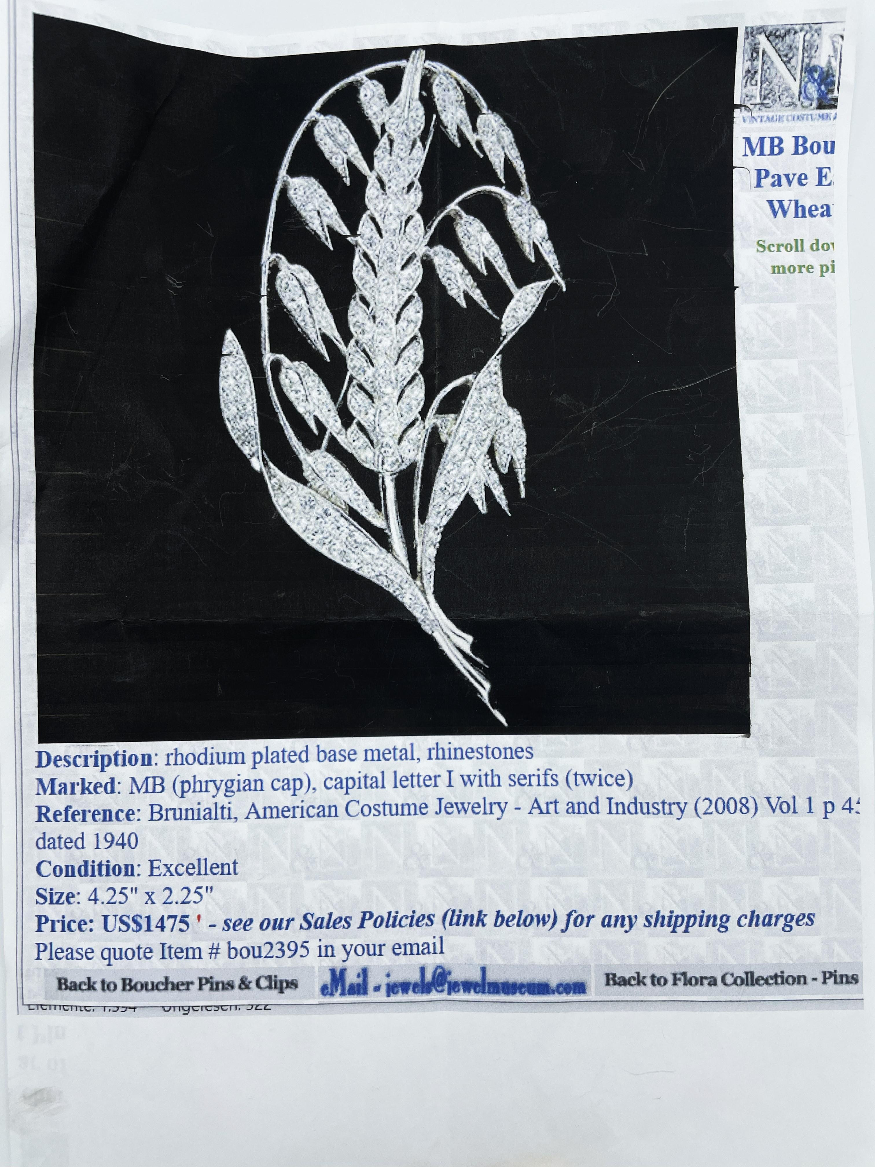 M. BOUCHER SHEAF-OF-WHEAT BROOCH, Rhodium plated, rhinestones pavé, 1940's USA For Sale 7