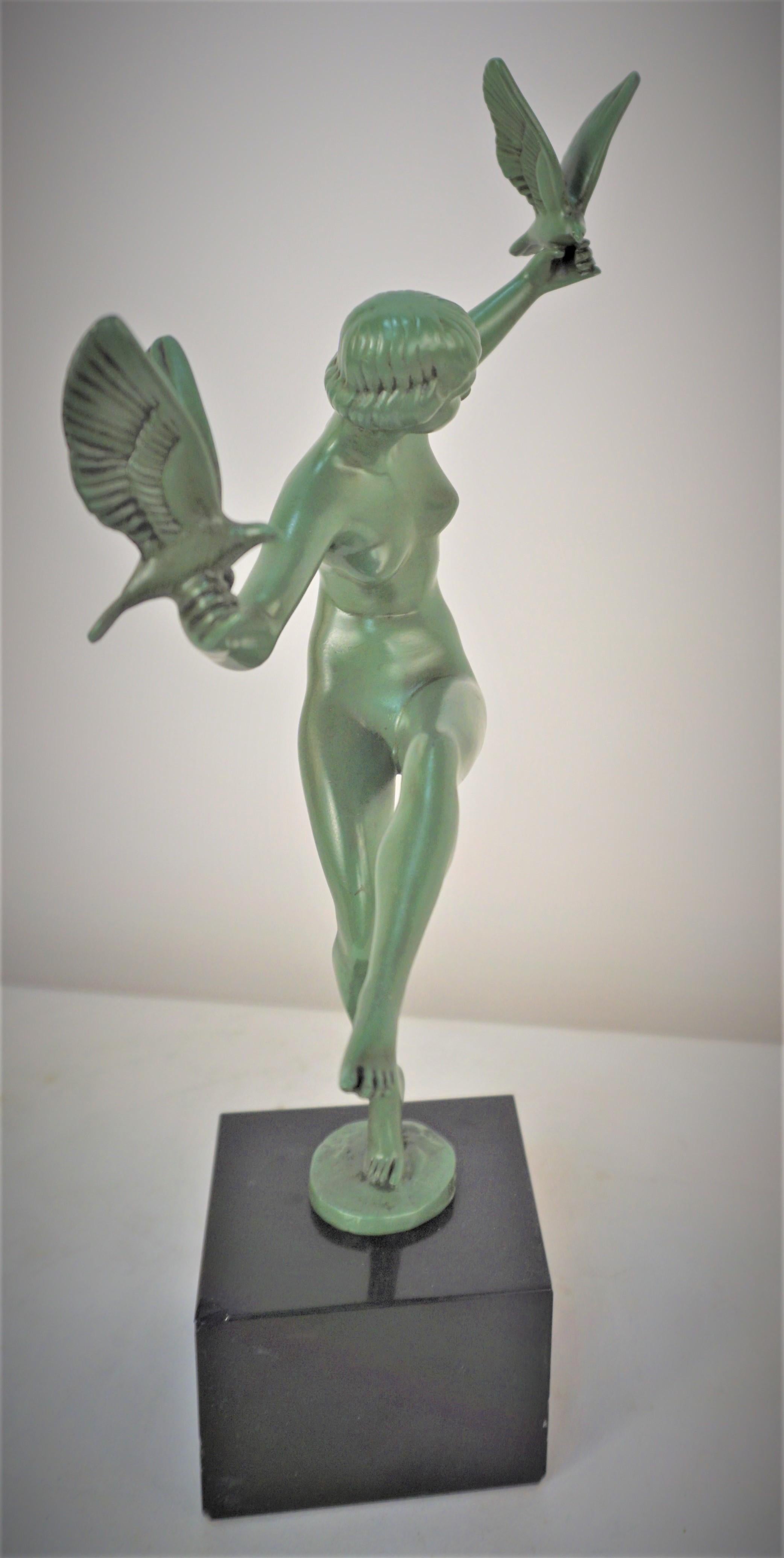Mid-20th Century M. Bouraine (Briand) Le Max Verrier Art Deco Sculpture Nude Dancer with Birds