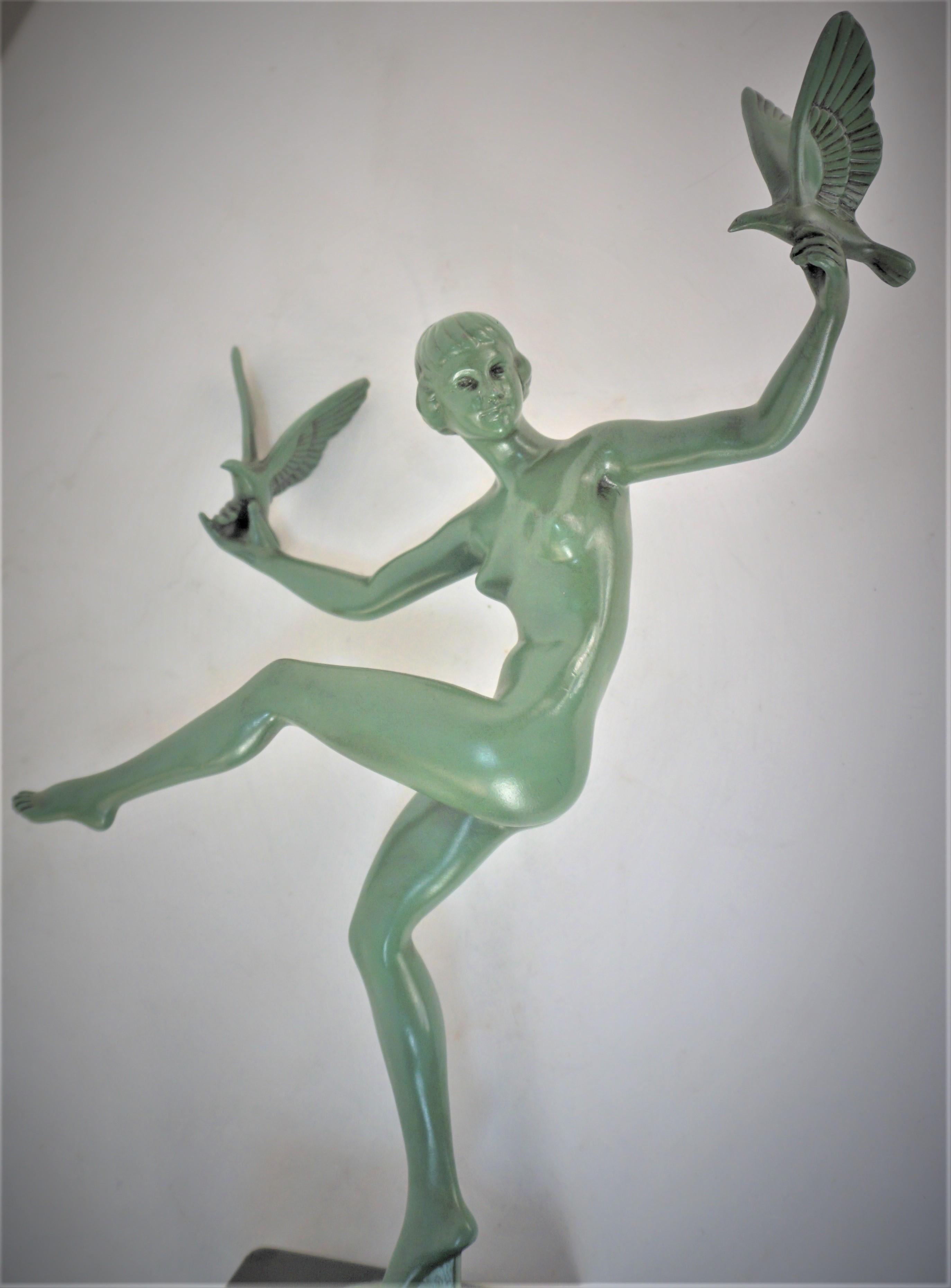 Spelter M. Bouraine (Briand) Le Max Verrier Art Deco Sculpture Nude Dancer with Birds