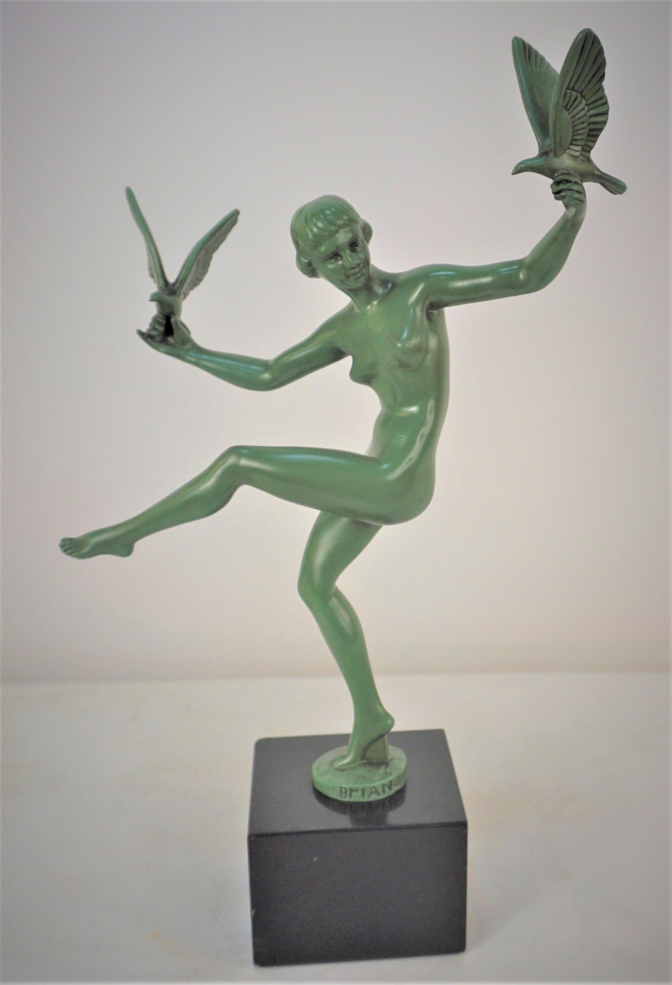 M. Bouraine (Briand) Le Max Verrier Art Deco Sculpture Nude Dancer with Birds 1