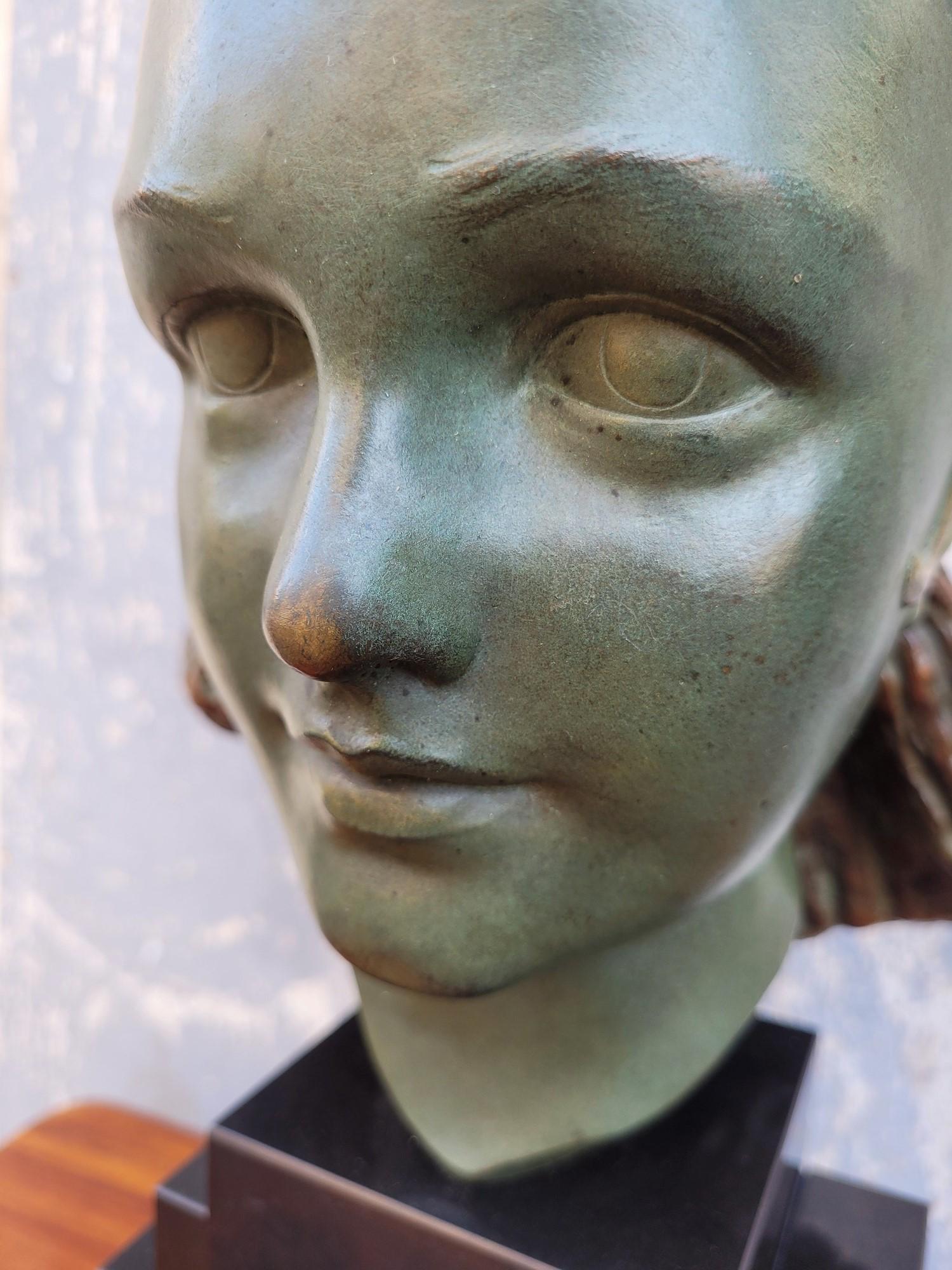 French M Bouraine, Head Of A Young Woman, Bronze, Art Deco, 20th Century For Sale
