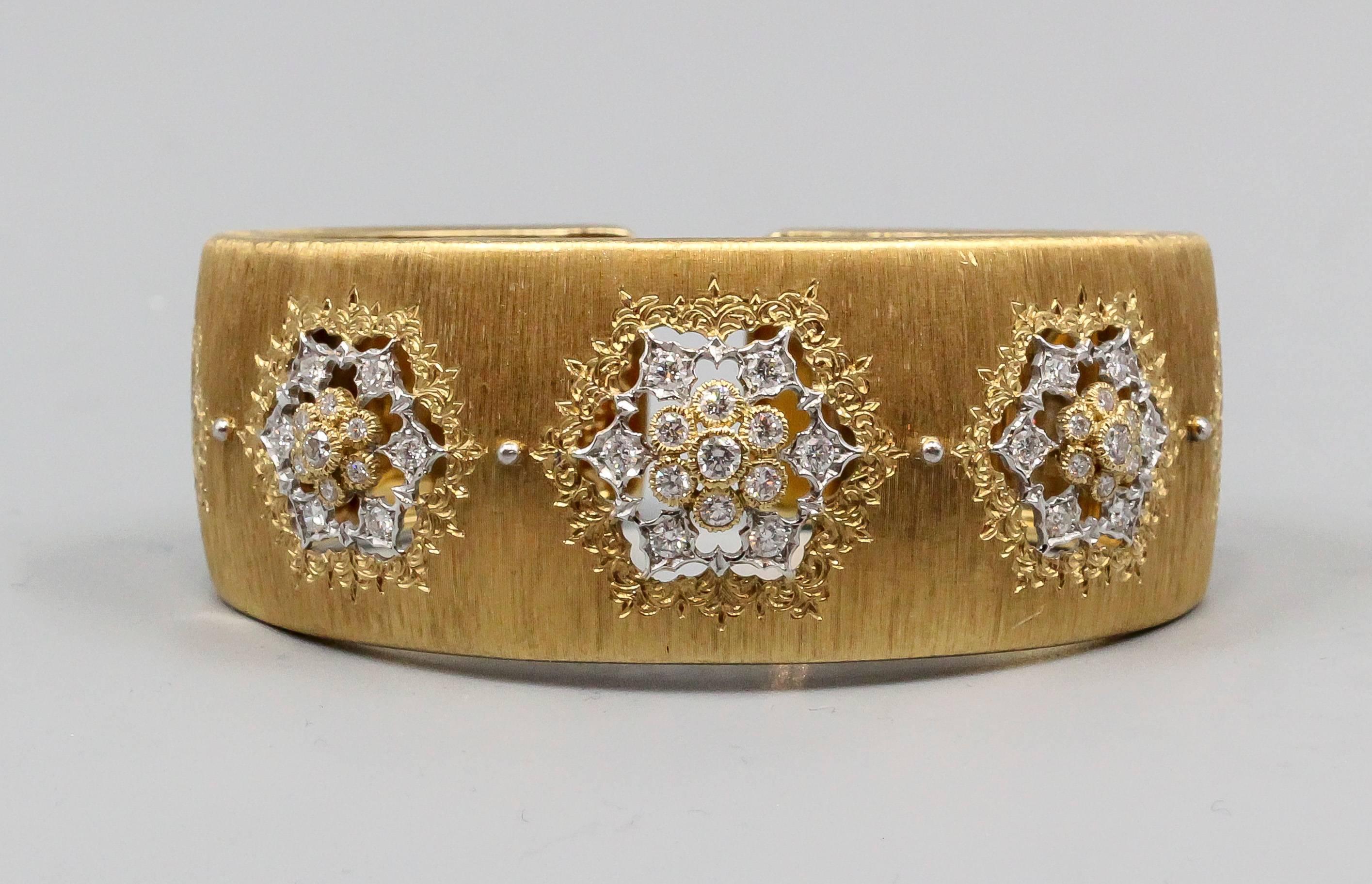 Round Cut M. Buccellati Diamond Gold Wide Cuff Bracelet