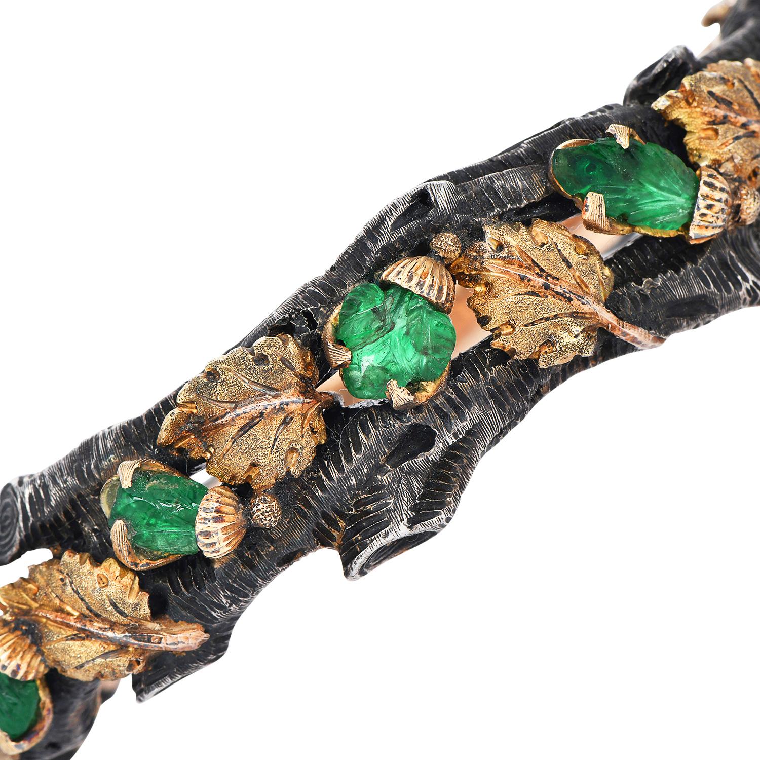 A precious gift to any Buccellati lovers. This very rare piece is an early work of Master Mario Buccellati which was crafted in Siver and 18k yellow gold.  Romantic 18k gold wine leaves forged on silver and topped with seven Carved genuine emeralds,