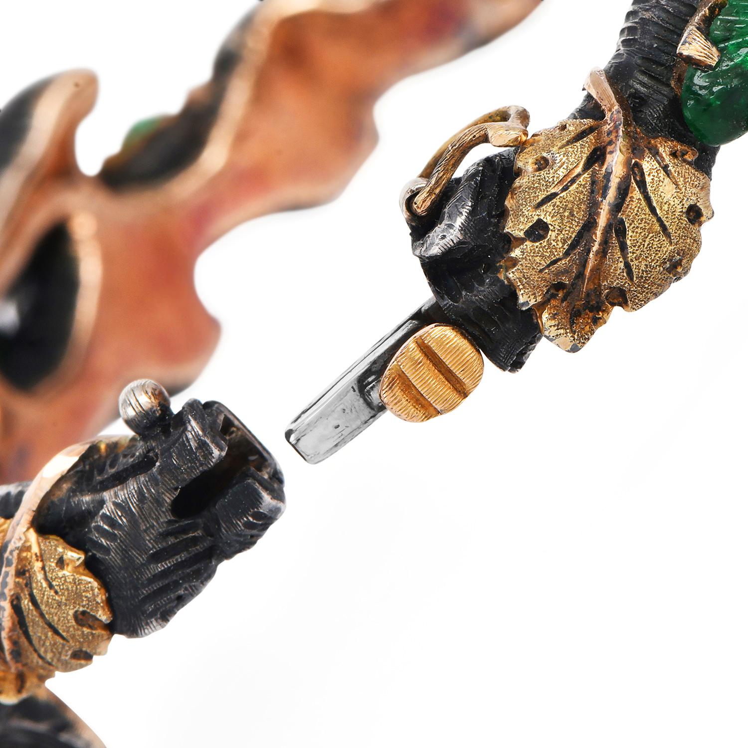 Women's M. Buccellati Vintage Carved Emerald Gold Silver Wine Leaf  Bangle Bracelet  For Sale