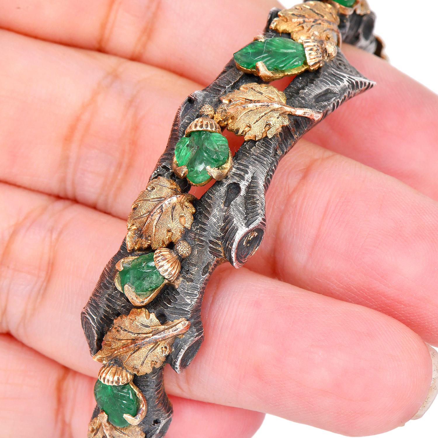 M. Buccellati Vintage Carved Emerald Gold Silver Wine Leaf  Bangle Bracelet  For Sale 2