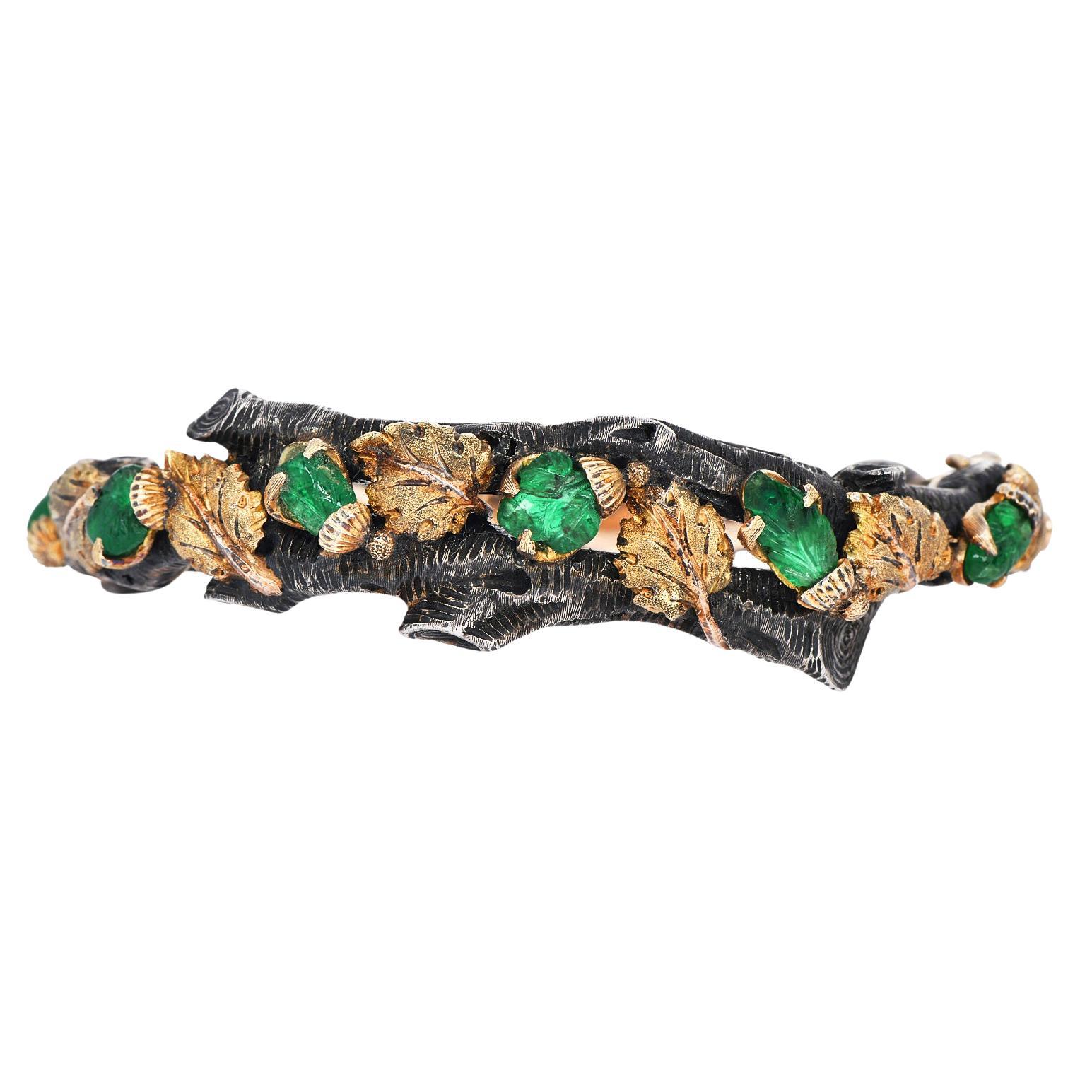 M. Buccellati Vintage Carved Emerald Gold Silver Wine Leaf  Bangle Bracelet  For Sale