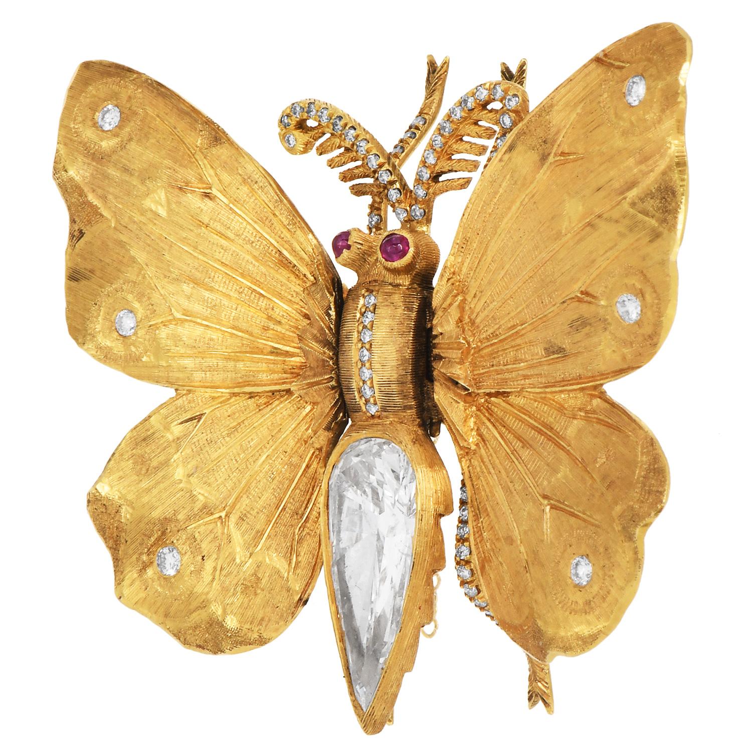 Retro M. Buccellati Vintage Diamond Gold Ruby Butterfly Brooch Pin For Sale