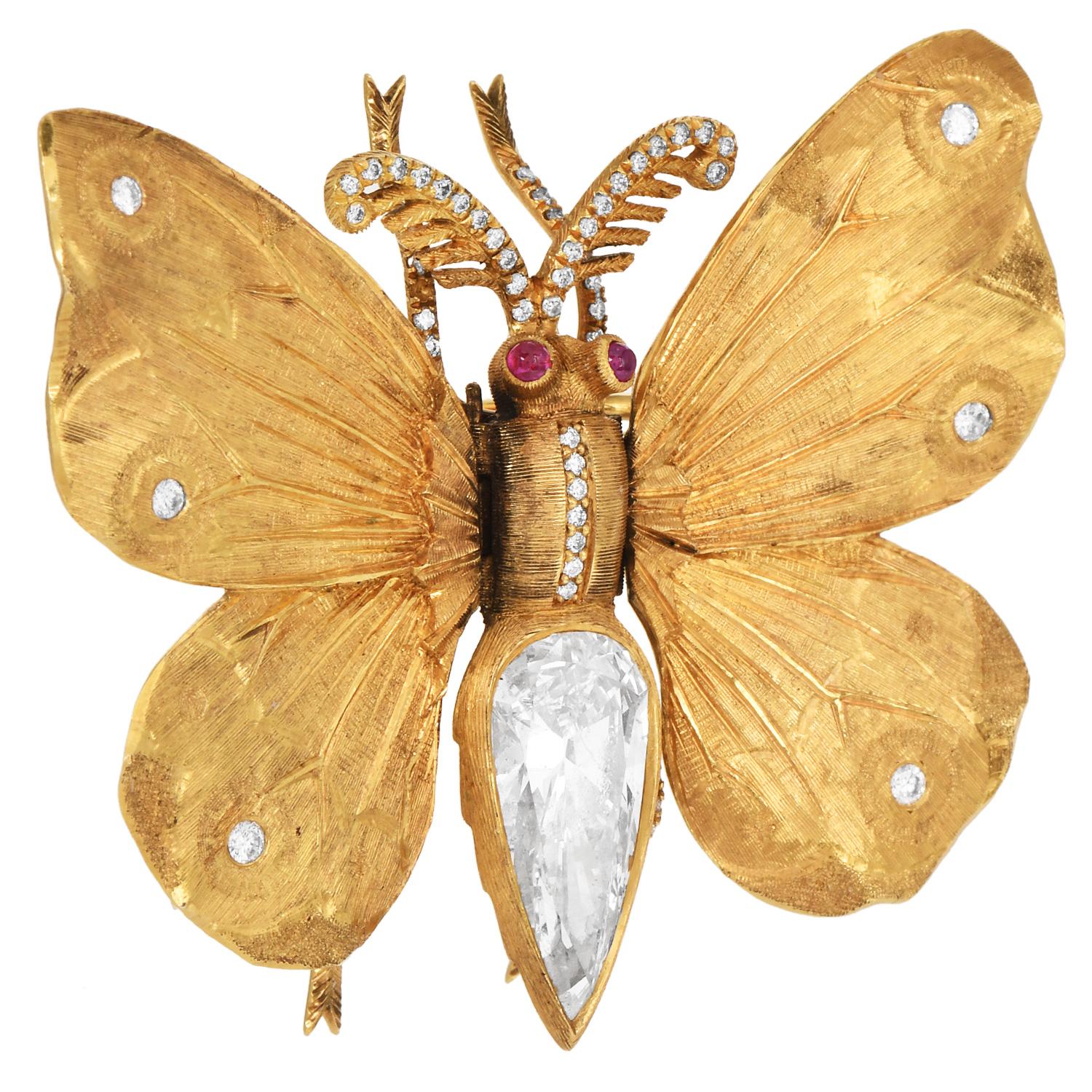 Pear Cut M. Buccellati Vintage Diamond Gold Ruby Butterfly Brooch Pin For Sale