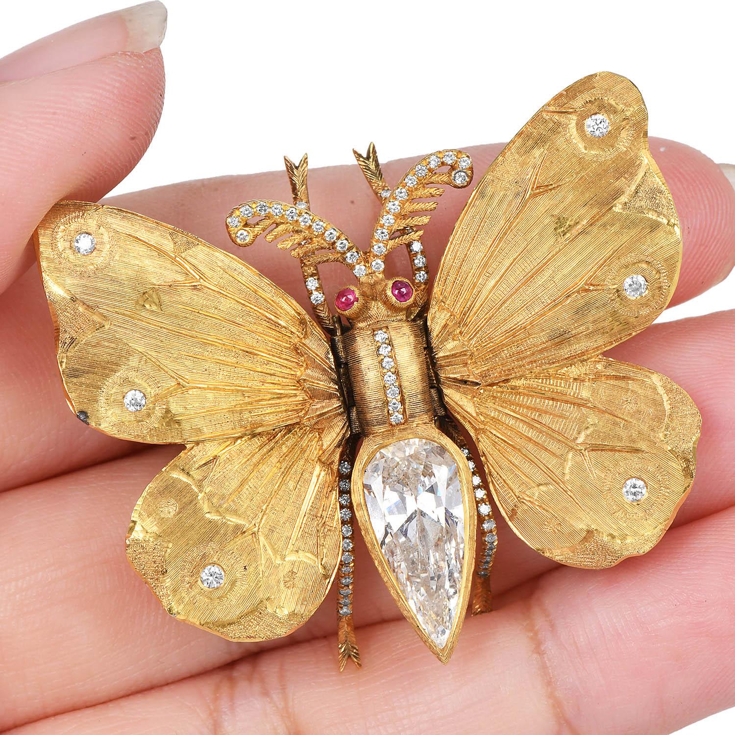 Women's or Men's M. Buccellati Vintage Diamond Gold Ruby Butterfly Brooch Pin For Sale