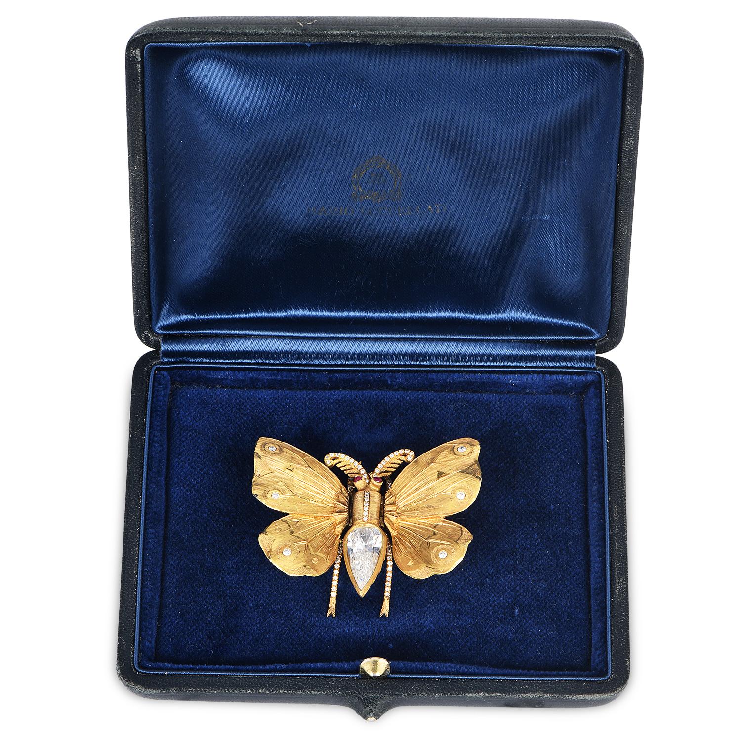M. Buccellati Vintage Diamond Gold Ruby Butterfly Brooch Pin For Sale 2