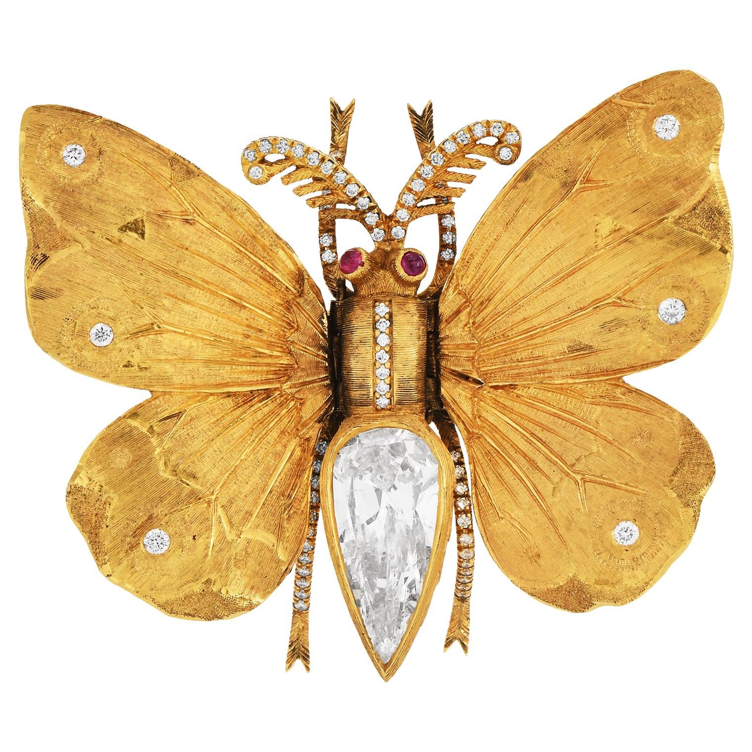 M. Buccellati Vintage Diamond Gold Ruby Butterfly Brooch Pin For Sale
