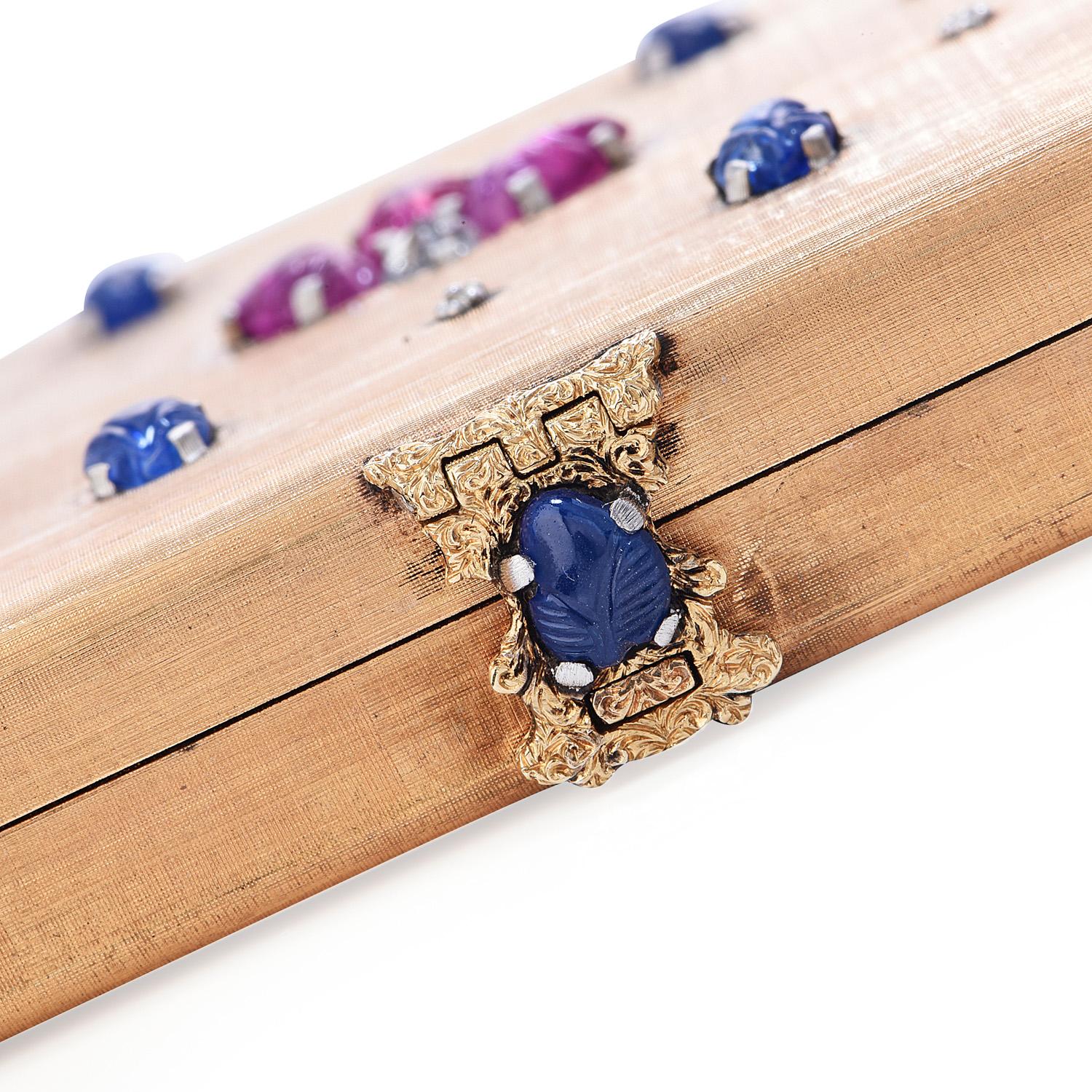 Cabochon M. Buccellati Vintage Diamond Ruby Sapphire 18k Gold Compact Box