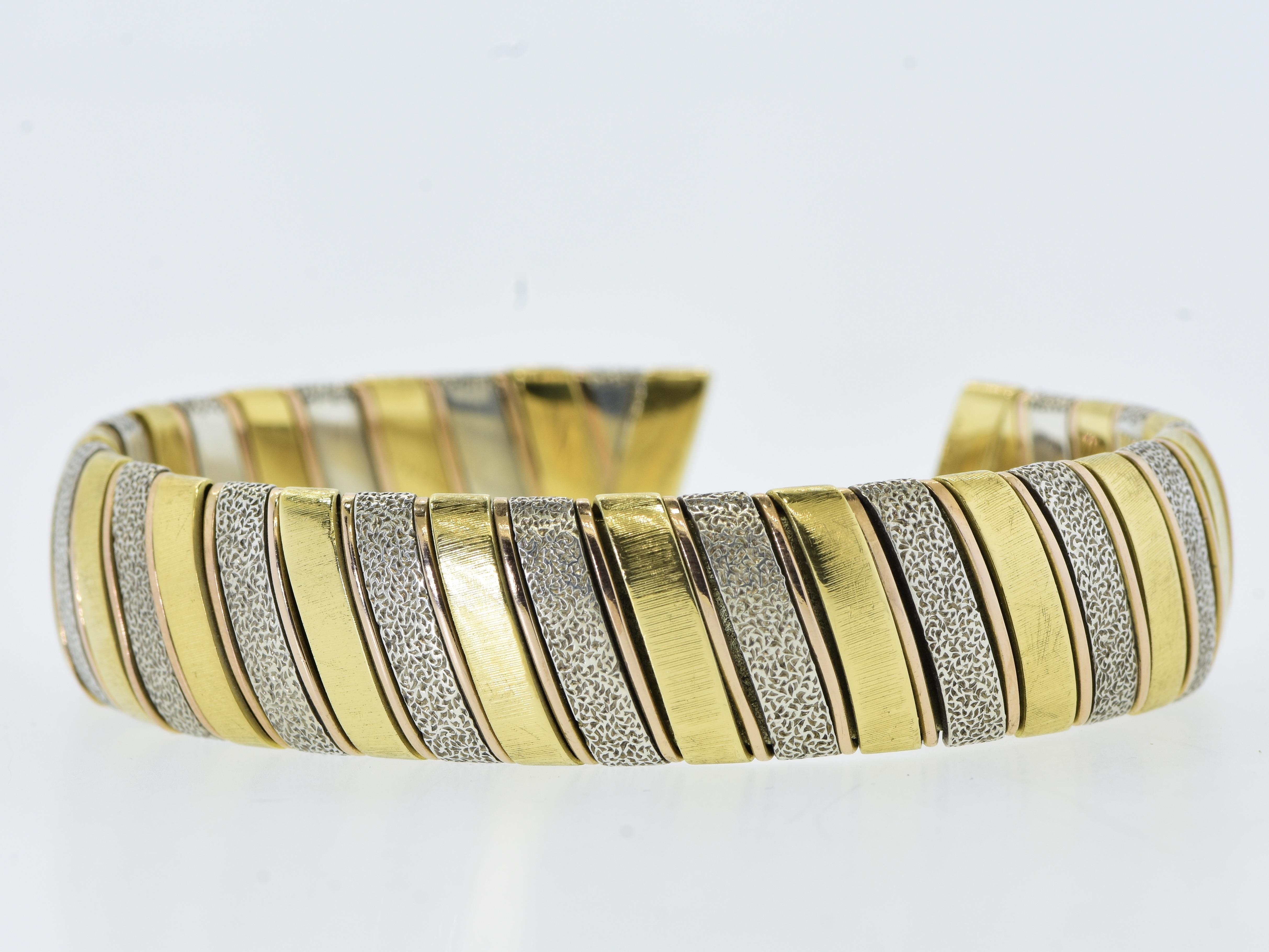 M. Buccellati Yellow and Rose Gold and Sterling Silver Vintage Bangle  Bracelet. In Good Condition For Sale In Aspen, CO