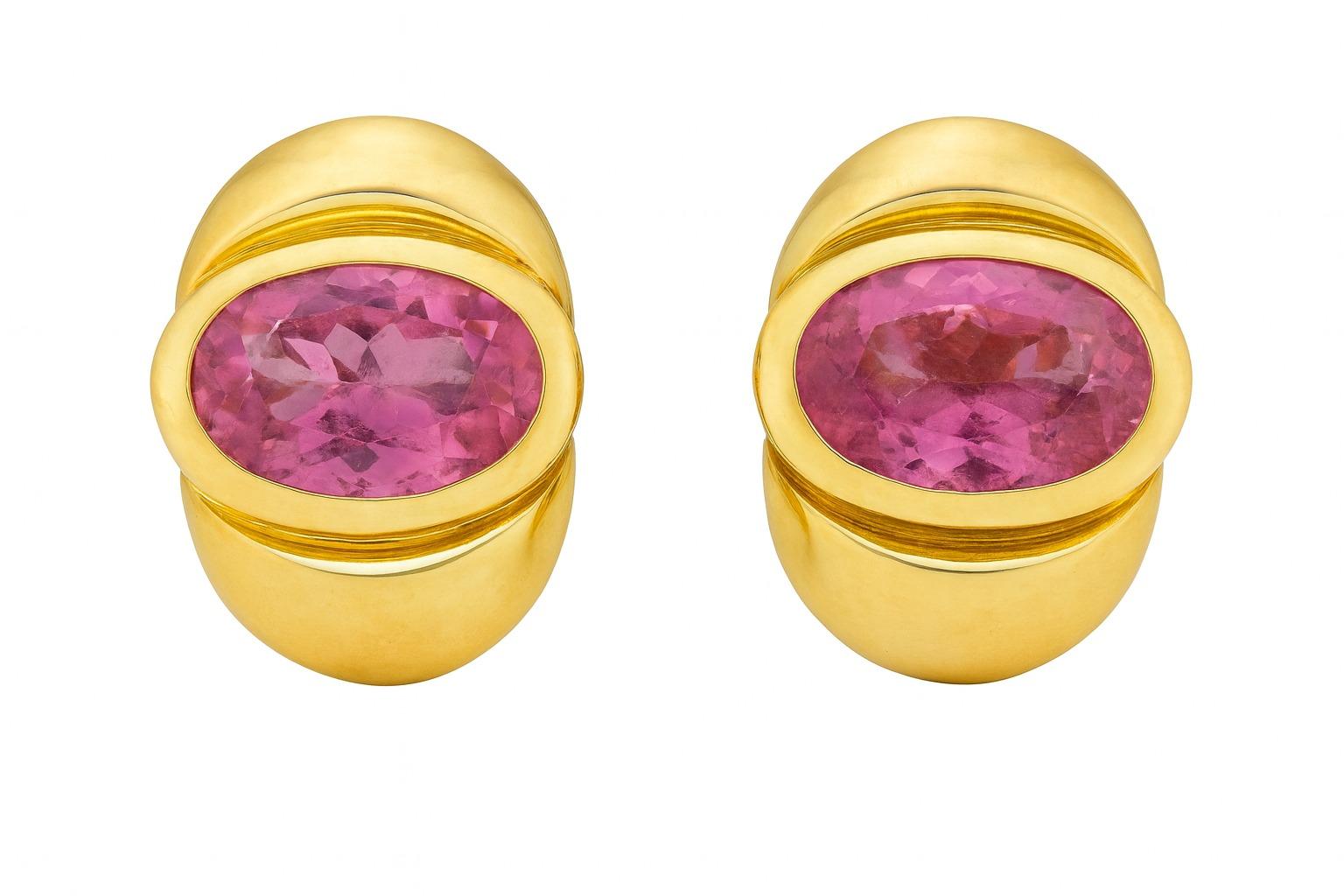 M Bulgari 12 Karat Rosa Turmalin Oval Gold Ohrringe (Ovalschliff) im Angebot