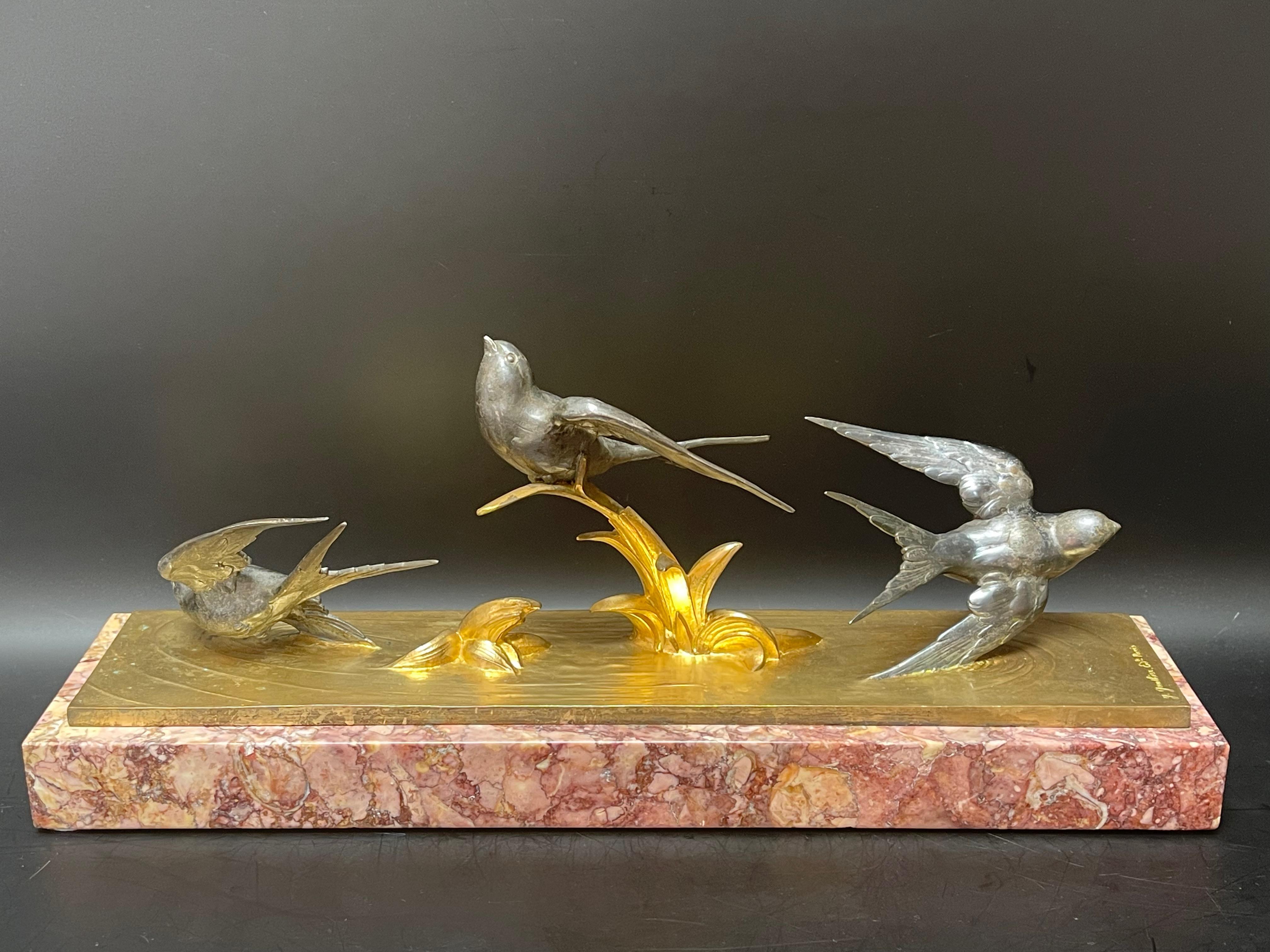 M Buzelin Bronze Art Deco Flight Of The Swallows For Sale 1