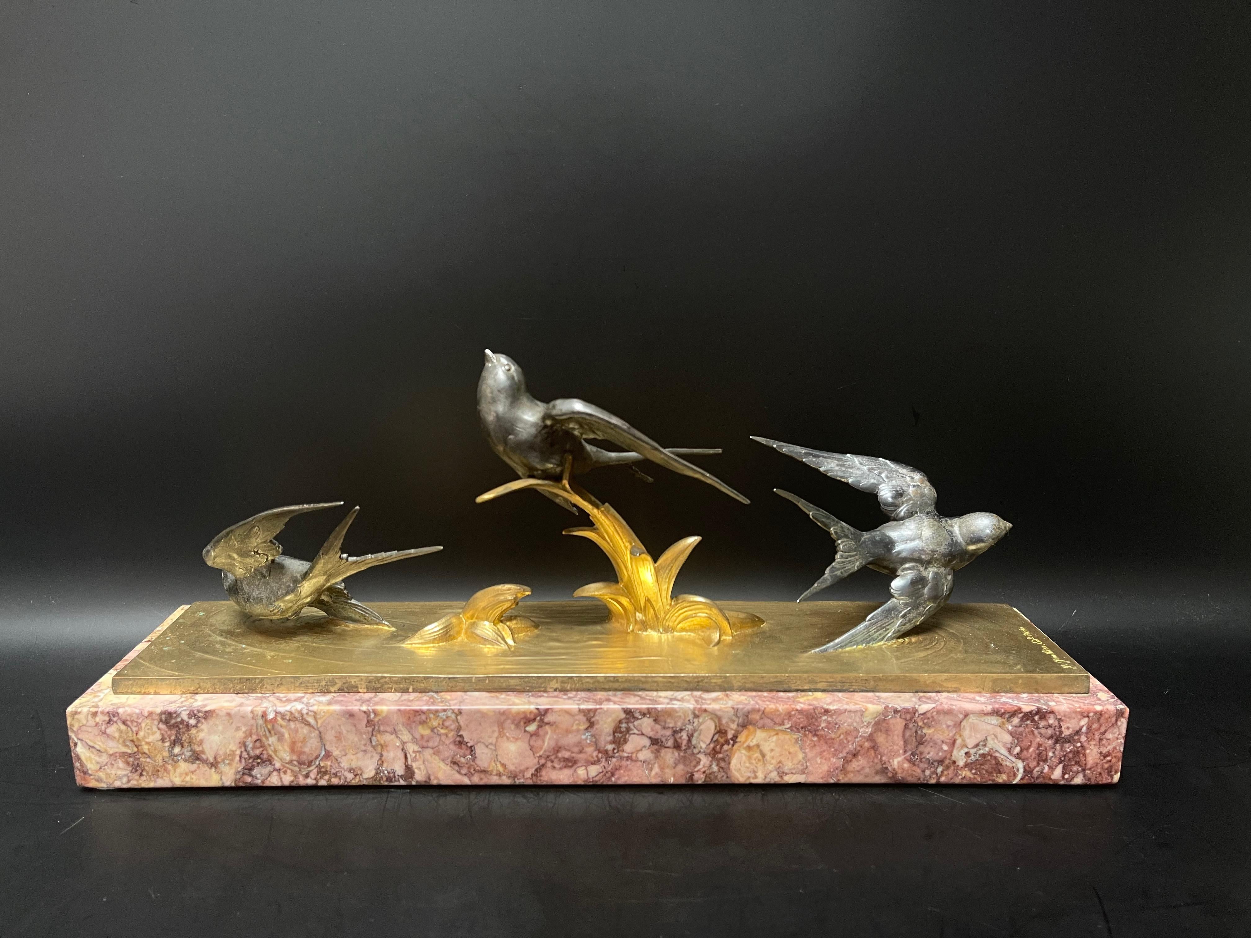 M Buzelin Bronze Art Deco Flight Of The Swallows For Sale 2