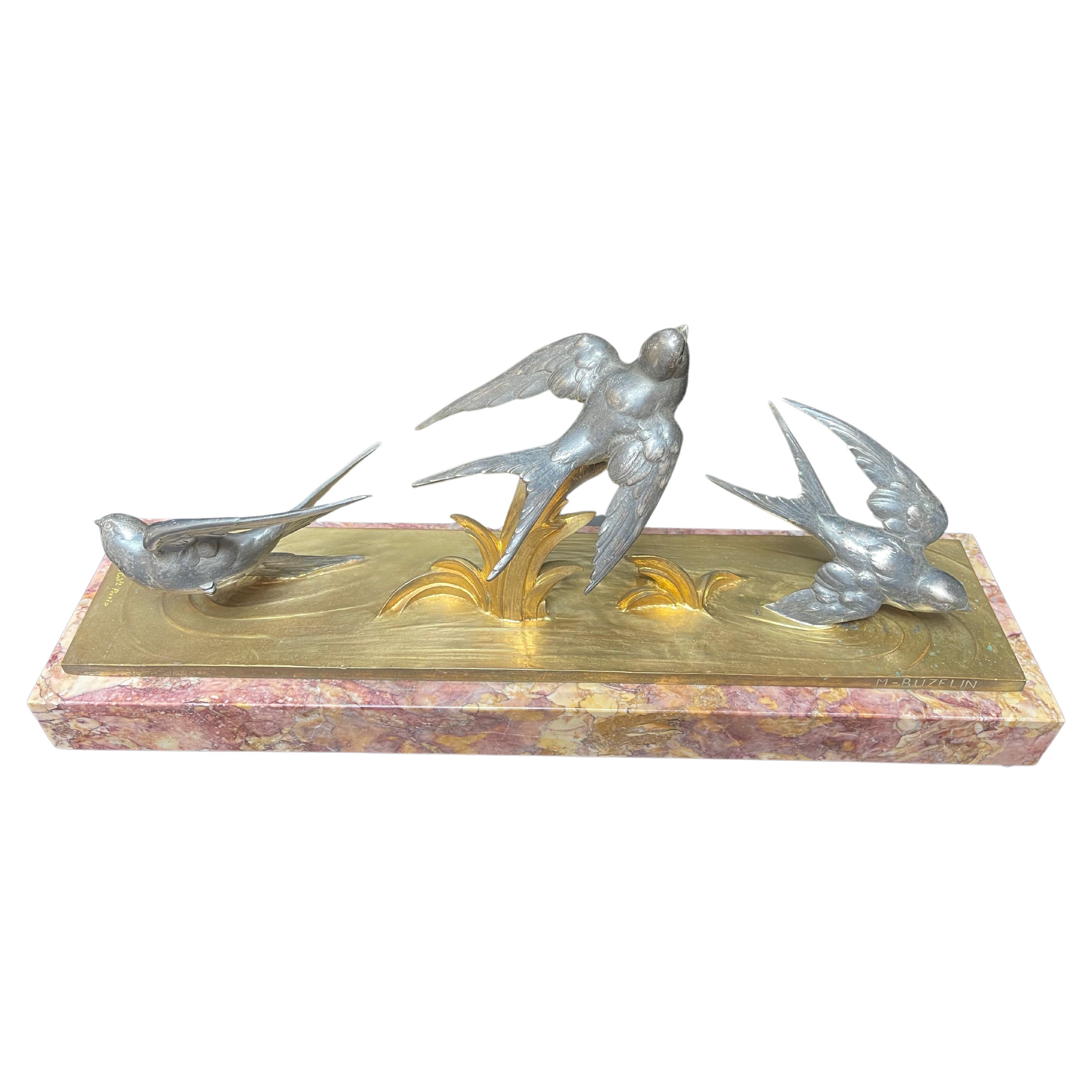 M Buzelin Bronze Art Deco Flight Of The Swallows For Sale