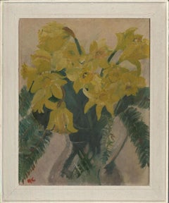 M. C - Mid 20th Century Oil, Daffodils And Pine Fronds