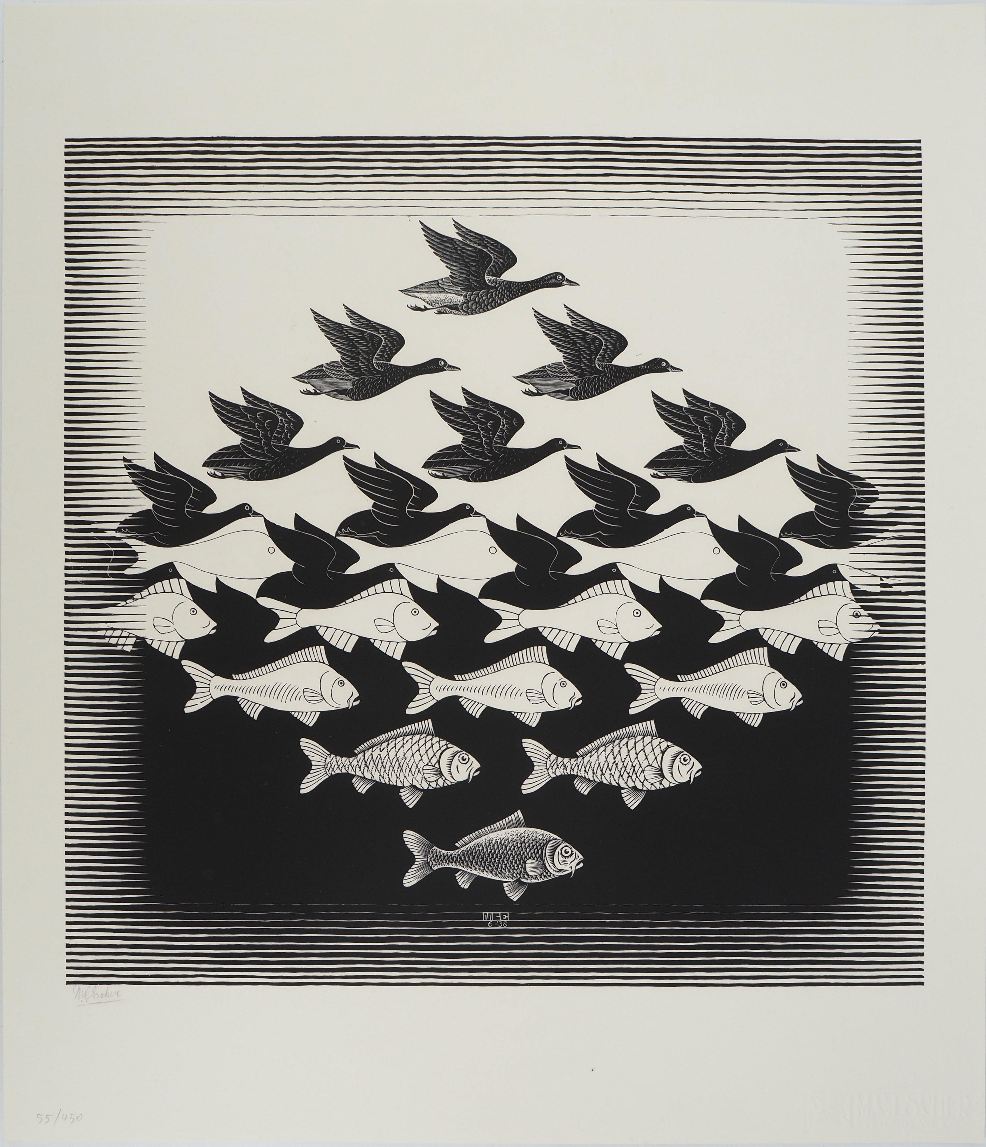 M.C. Escher Landscape Print - Between Sky and Water - Signed Facsimile, Ltd /450