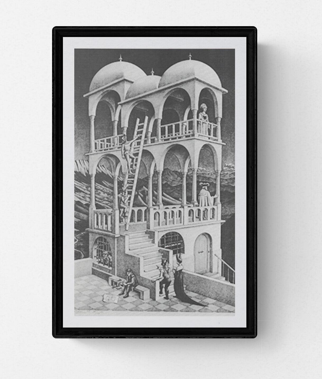 M.C. Escher’s Belvedere is framed in a shiny black metal frame with a 3/8-inch front profile and a 7/8-inch side profile, lending it a sleek, contemporary appearance. The overall dimensions are approximately 10.5 x 7 x 7/8 inches.

Paper Size: 9.5 x
