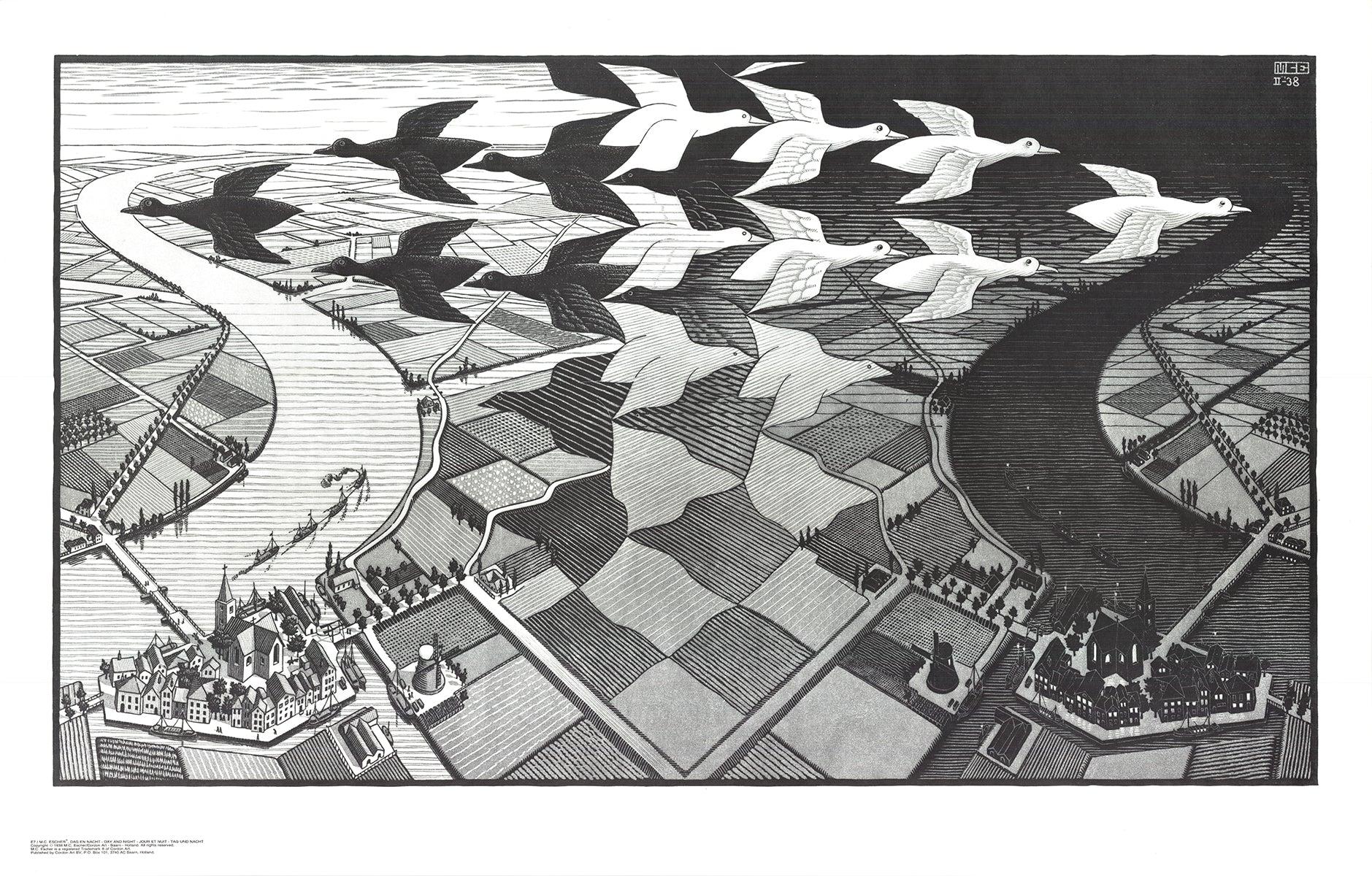 This meticulously crafted reproduction explores positive and negative space as a means of creating a stimulating illusion of black and white birds flying in opposite directions. 

Paper Size: 21.75 x 34 inches ( 55.245 x 86.36 cm )
Image Size: 18 x