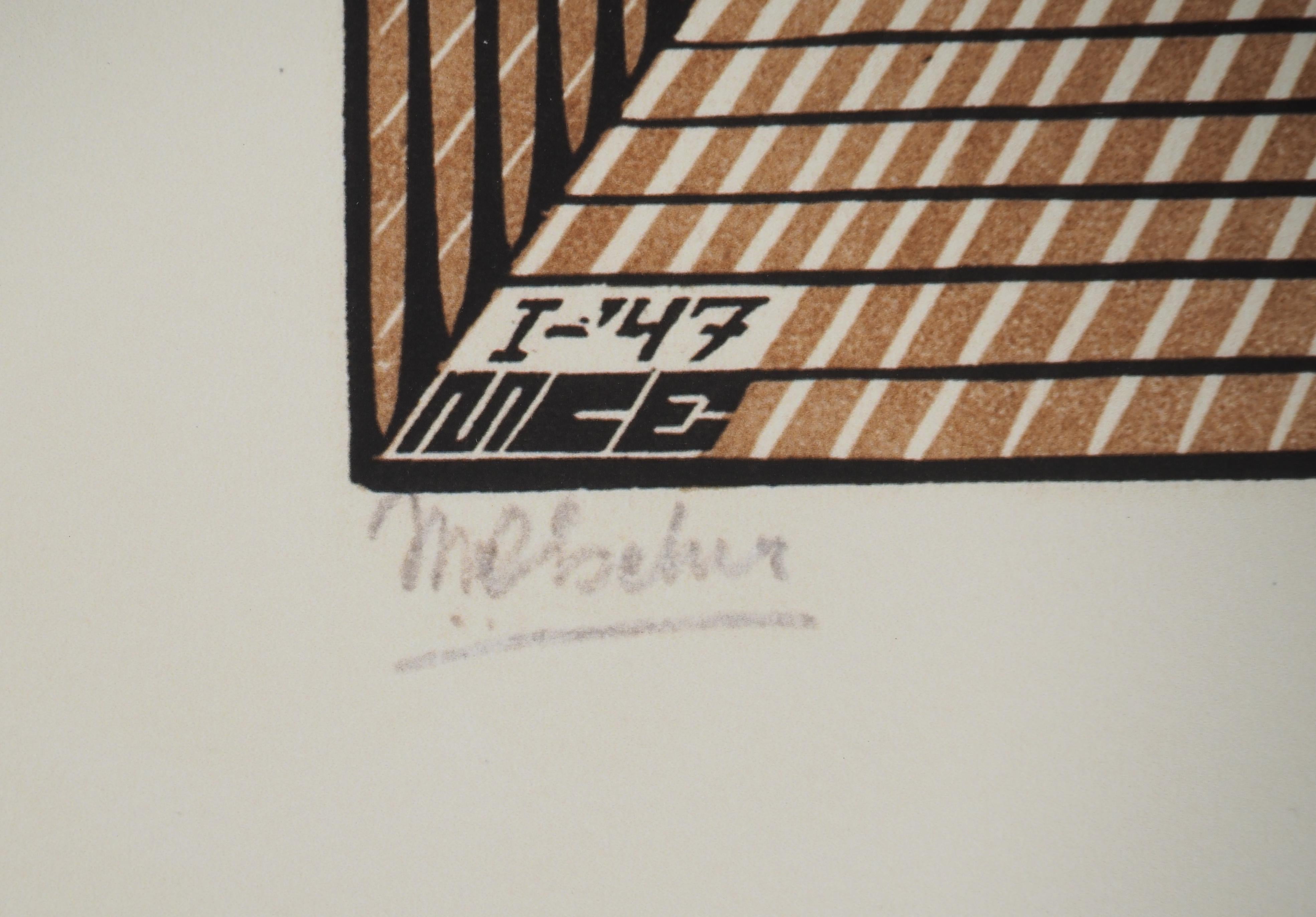 Metaphysics - Signed Facsimile, Ltd /450 - Beige Landscape Print by M.C. Escher