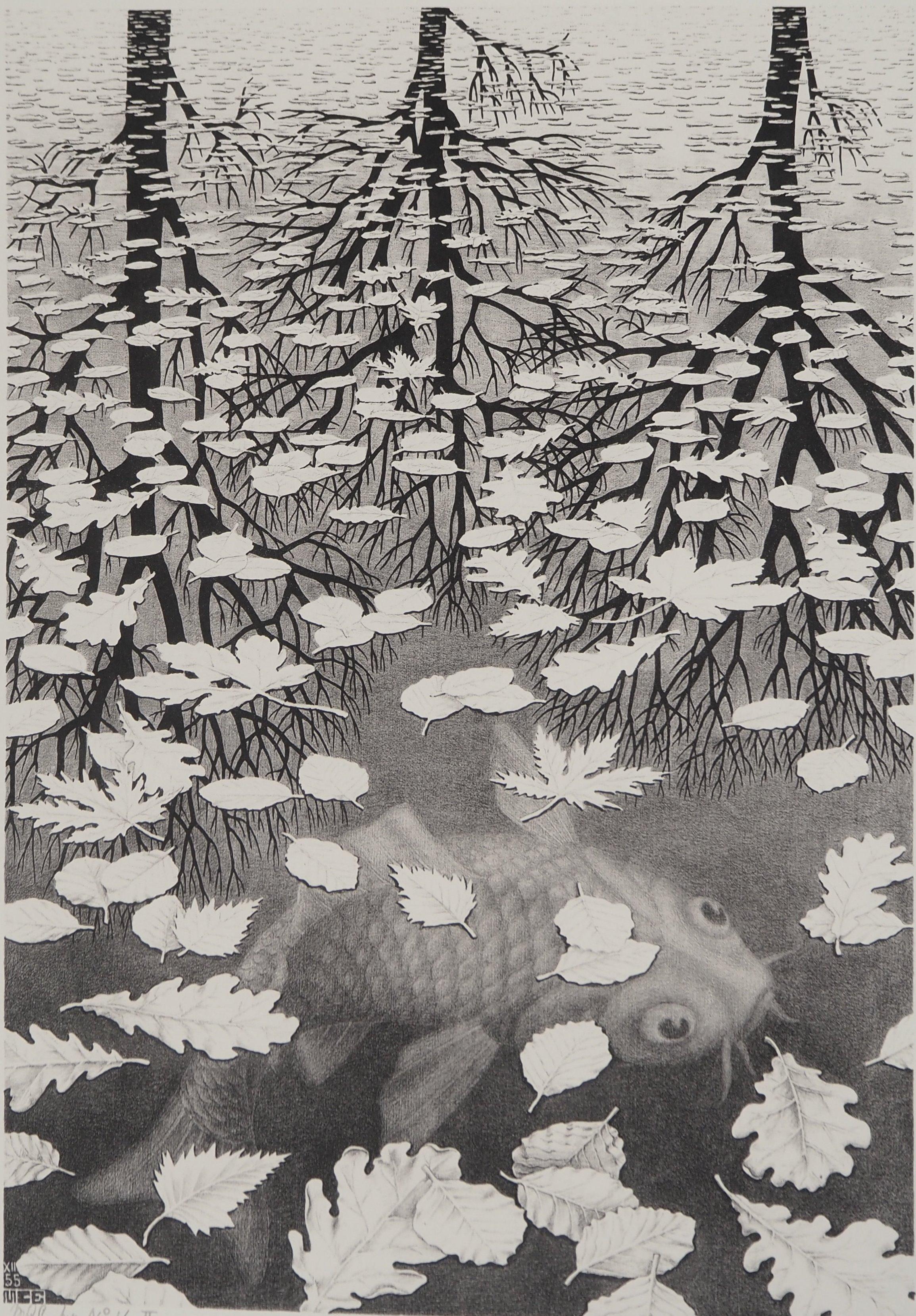 NATURE - Autumn and Carp - Signed Facsimile, Ltd /450 - Modern Print by M.C. Escher