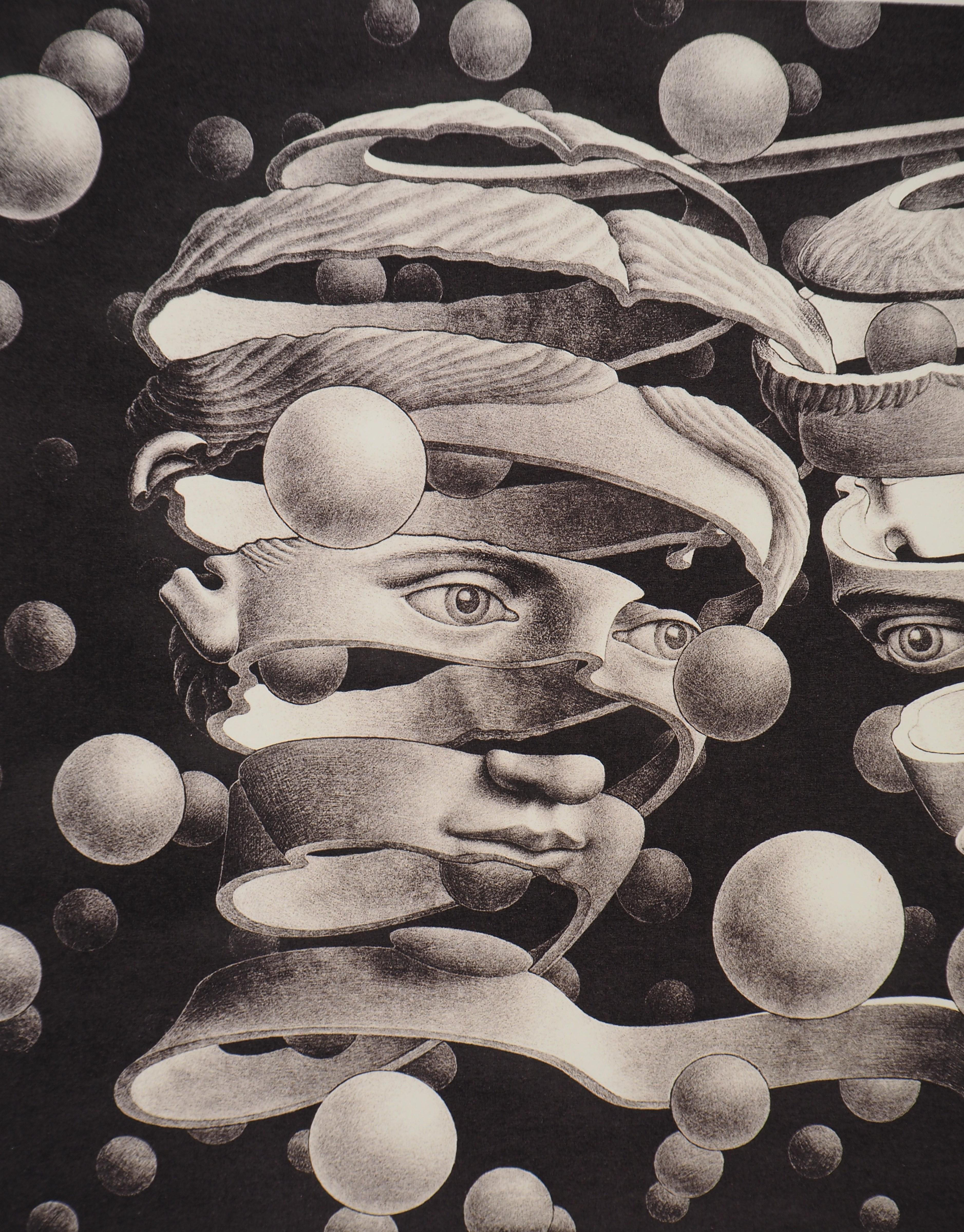 Surrealist Lovers - Signed Facsimile, Ltd /450 - Gray Landscape Print by M.C. Escher