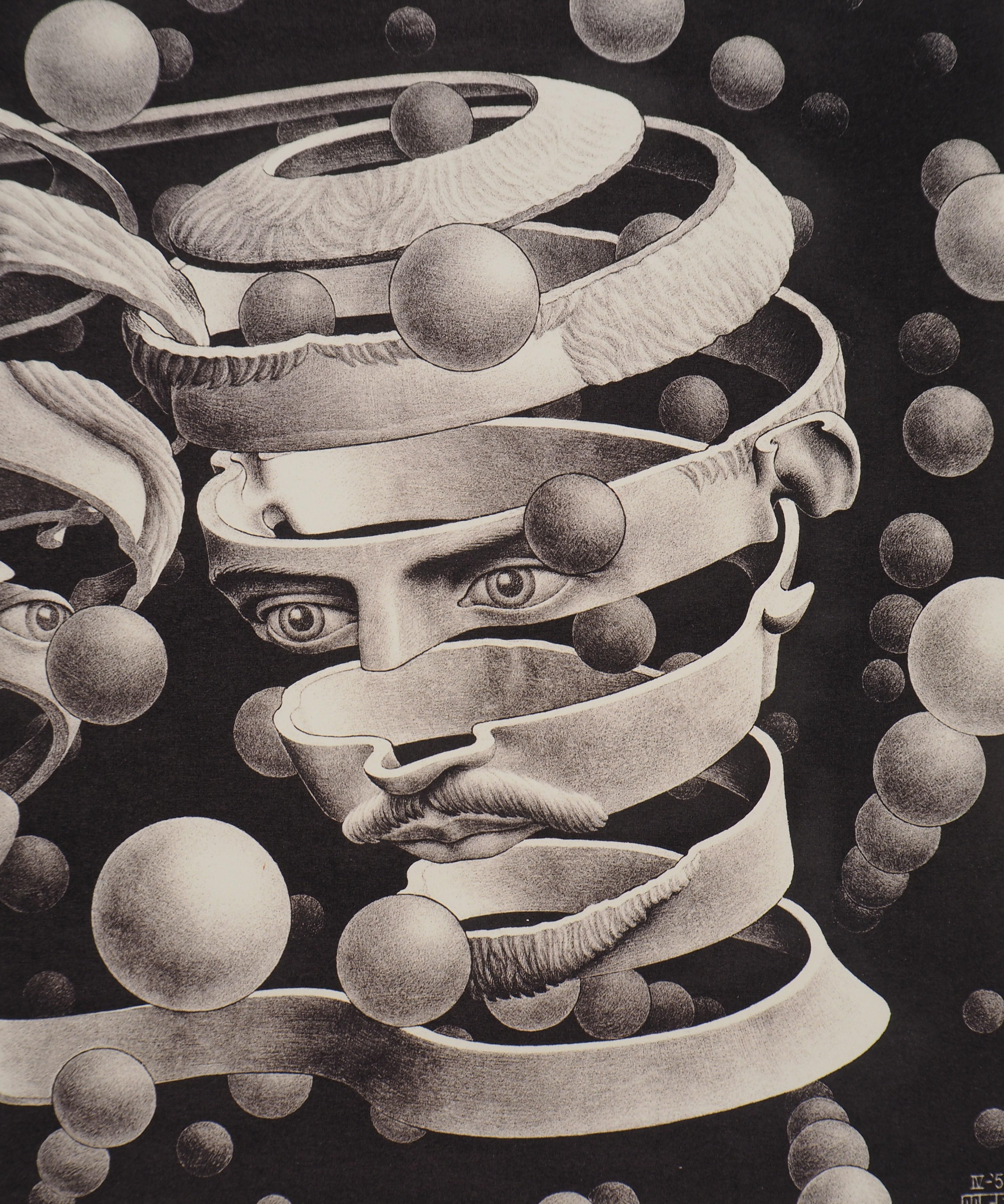 M.C. ESCHER (1898-1972)
Surrealist Lovers, 2008

Facsimile after the original woodcut from 1935
Signed in the plate
Numbered / 450 copies (the number you can see can be different)
On vellum  55 x 64.5 cm
Published by M.C. Escher