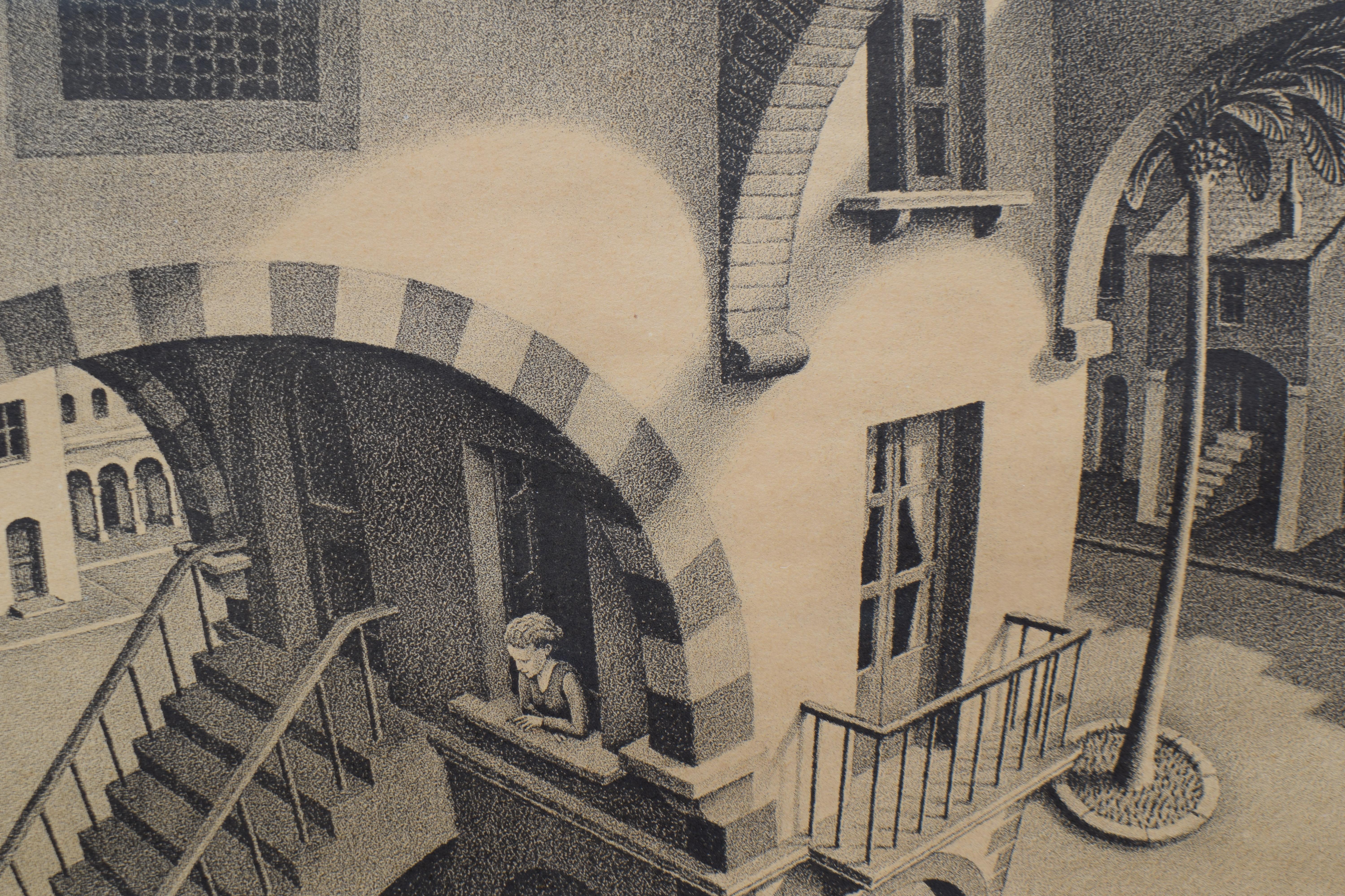 Up and Down - Dutch Artist Litho Metamorphoses Perspective Architecture - Print by M.C. Escher