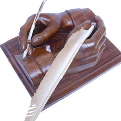 M. C. Escher Style Hand Carved Mahogany Hands Sculpture with Feather Quills