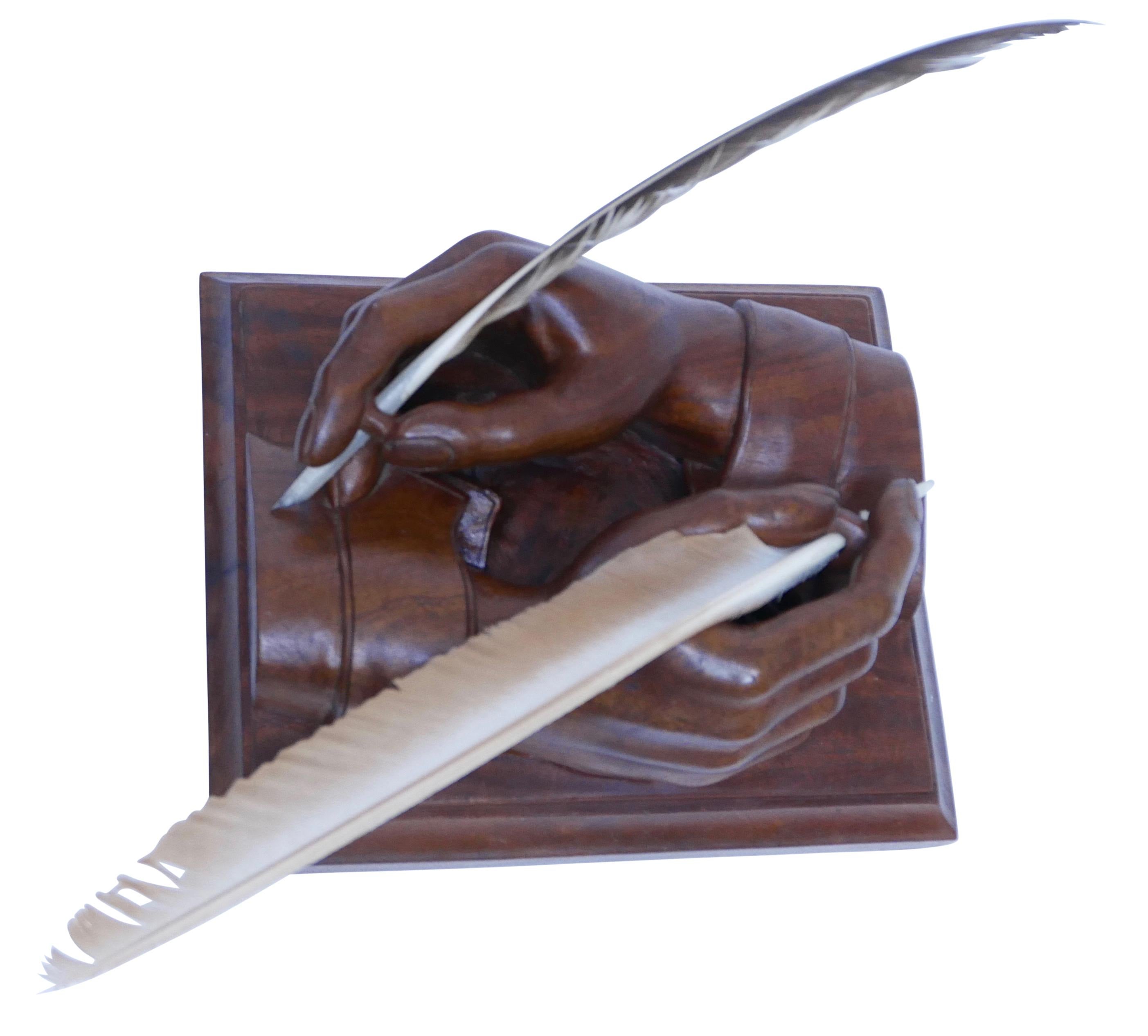 Italian M. C. Escher Style Hand Carved Mahogany Hands Sculpture with Feather Quills