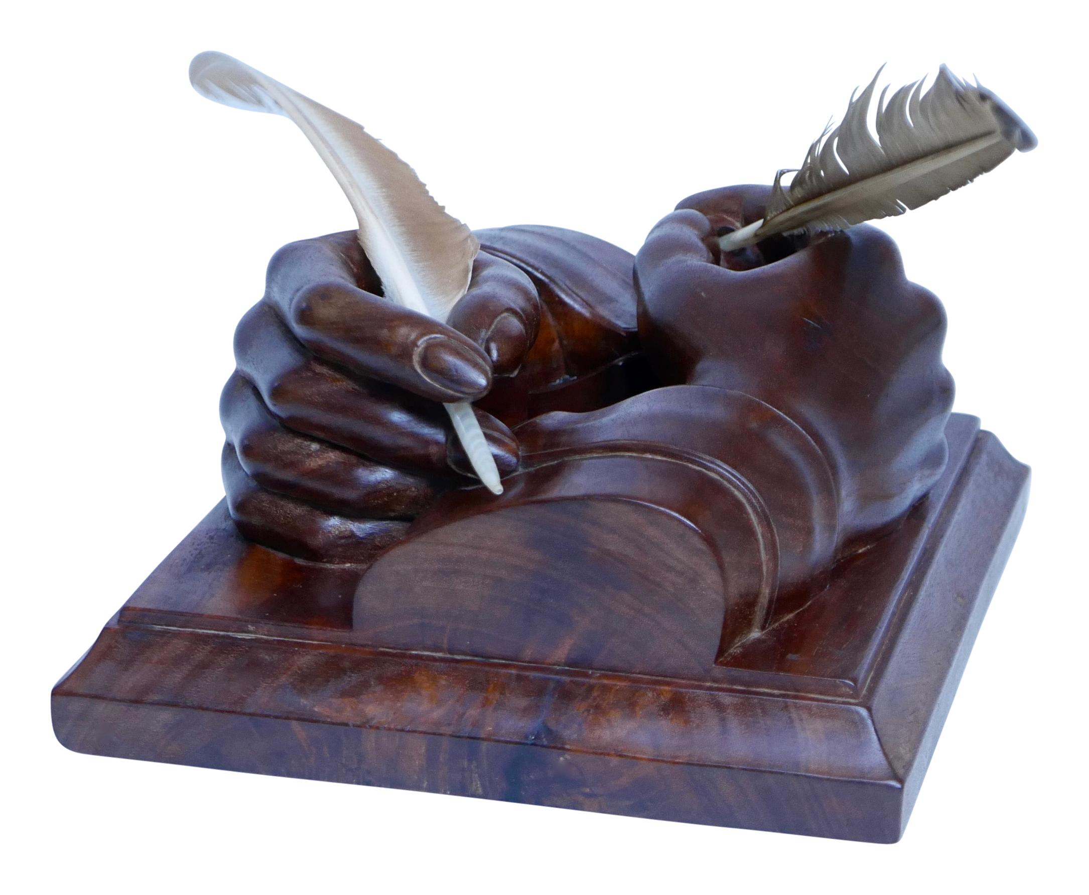 M. C. Escher Style Hand Carved Mahogany Hands Sculpture with Feather Quills In Good Condition In San Francisco, CA