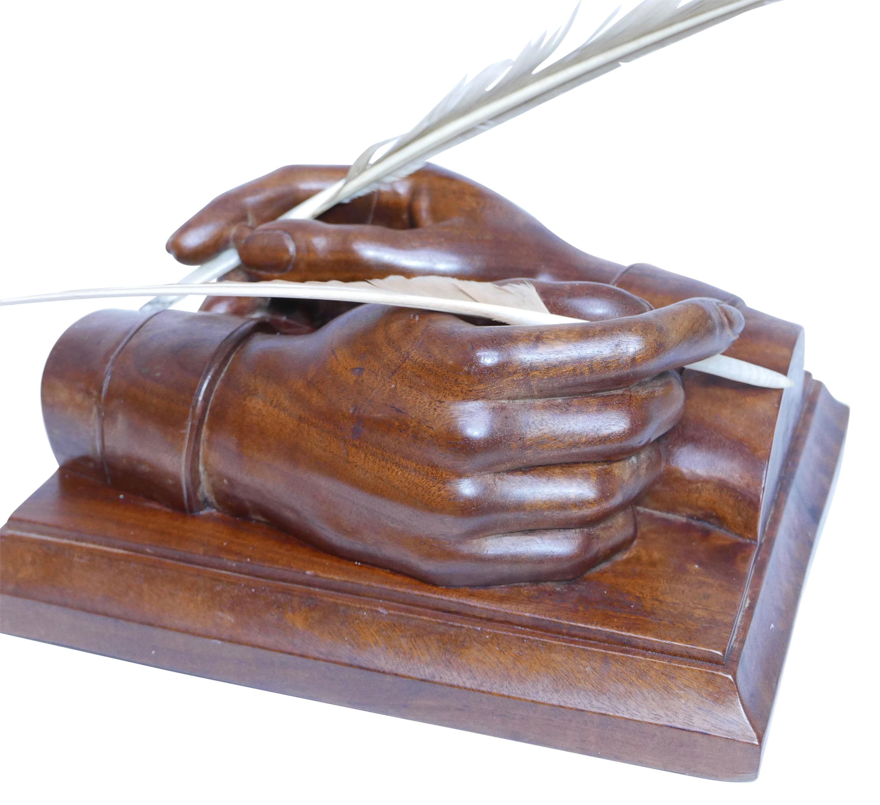M. C. Escher Style Hand Carved Mahogany Hands Sculpture with Feather Quills 1