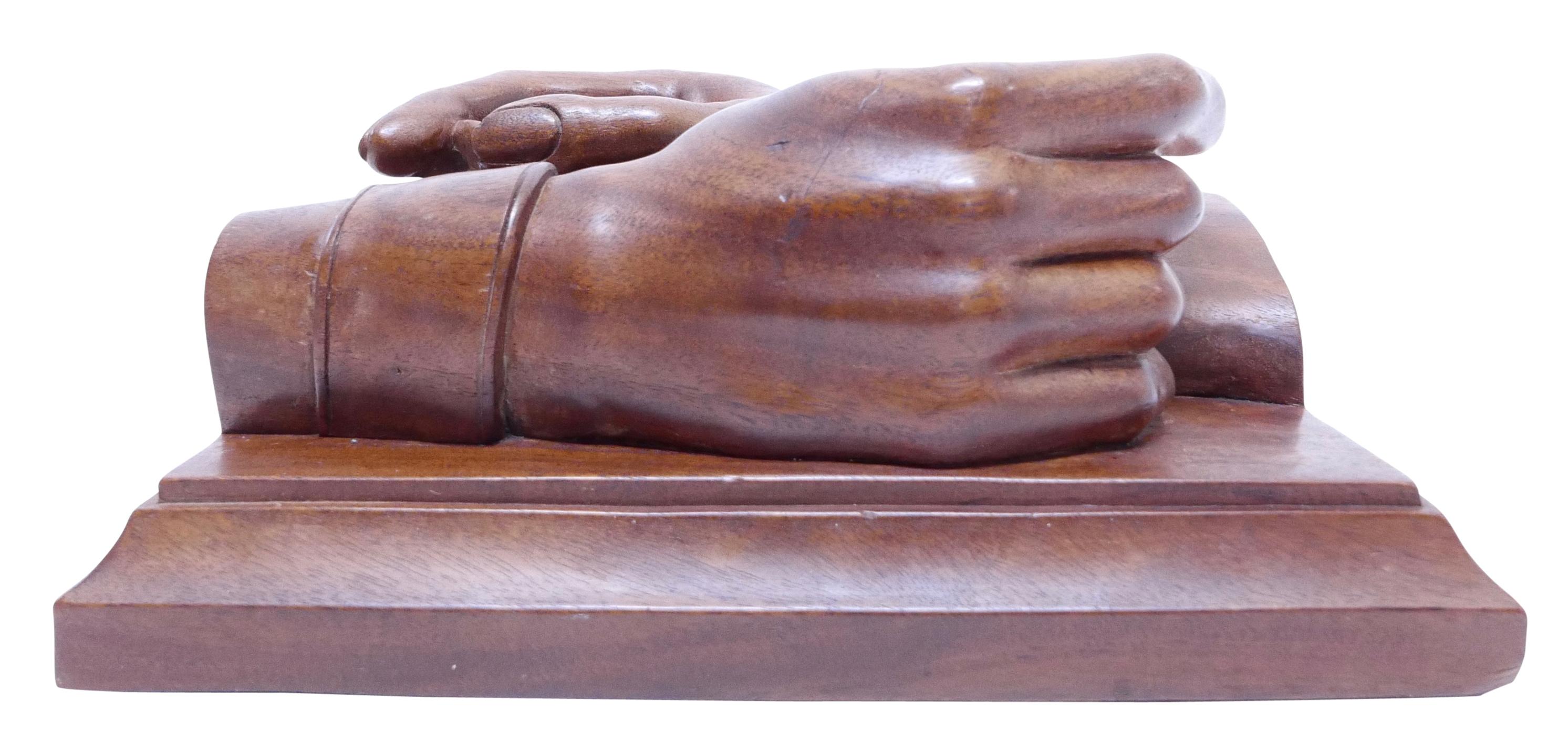 M. C. Escher Style Hand Carved Mahogany Hands Sculpture with Feather Quills 2