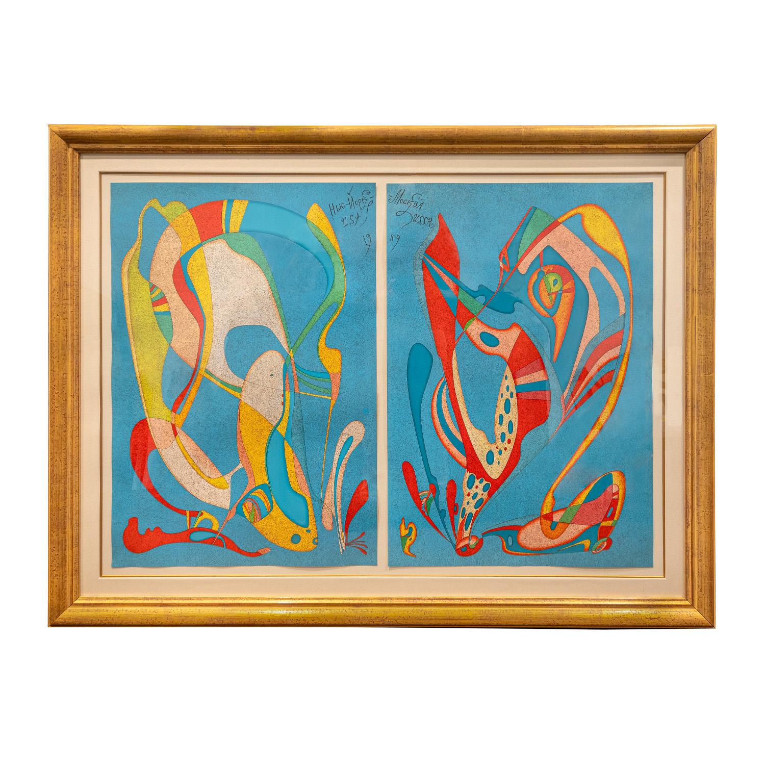 Large abstract pair of lithographs “Moscow Museum Commemorative Suite (Diptych), 1989,” in vibrant colors on paper by Mihail Chemiakin, Russia 1989 (signed and numbered “M. Chemiakin 44/125” in bottom right corner).  Both lithographs are beautifully