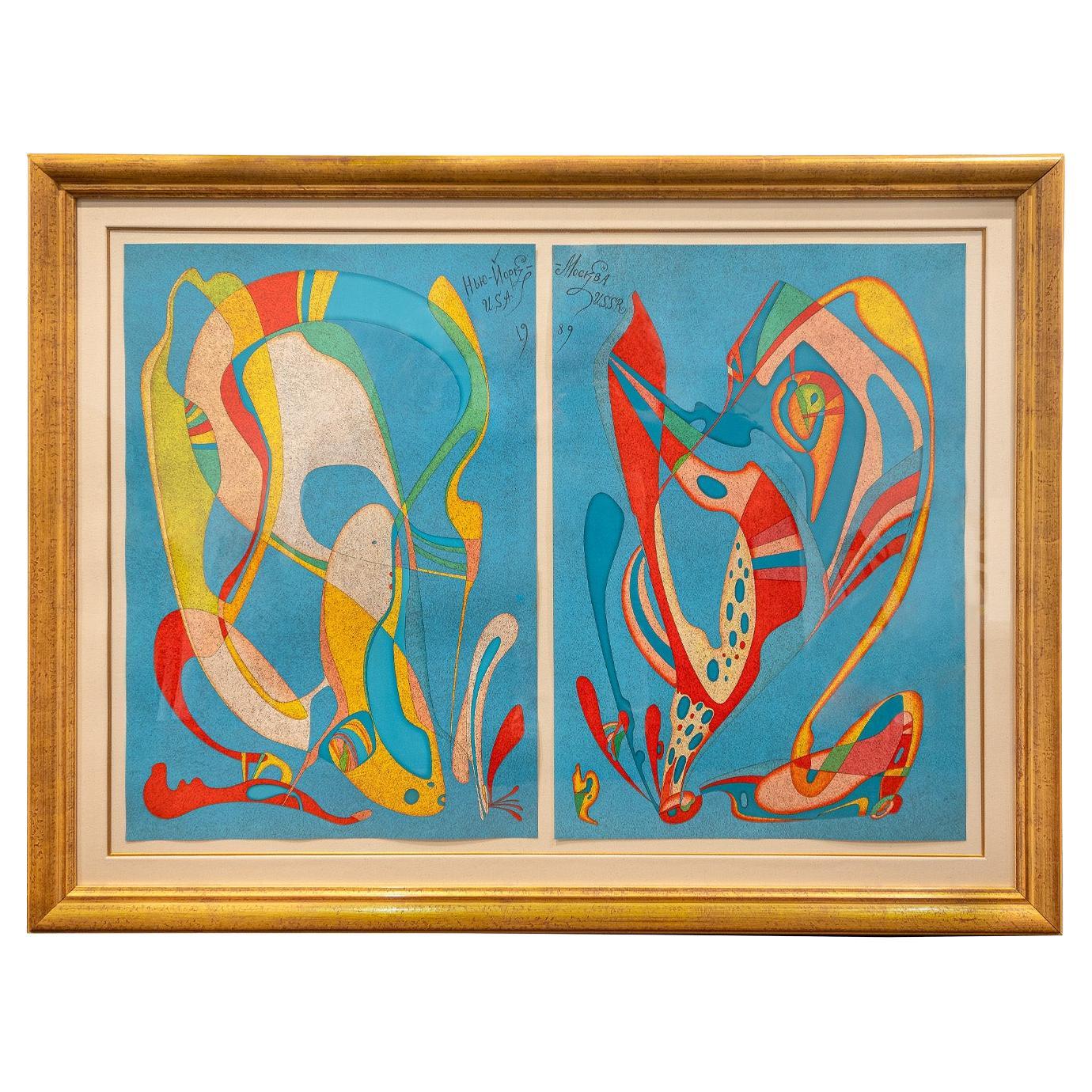 M. Chemiakin Large Abstract Pair of Lithographs 1989 (Signed and Numbered)