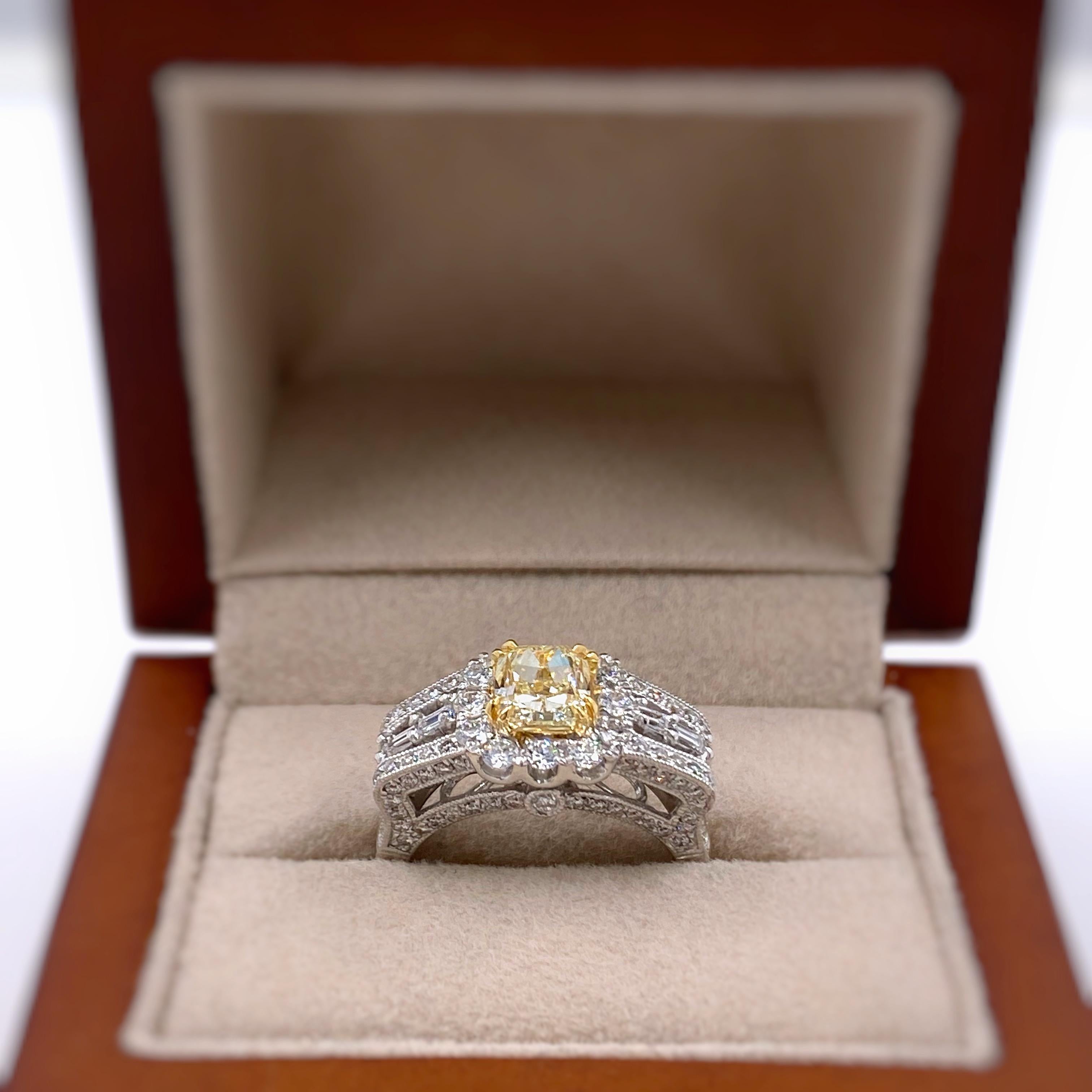 M. Christoff Cushion Fancy Yellow 2.34 Carat Diamond Ring 18 Karat WG AIGL 4