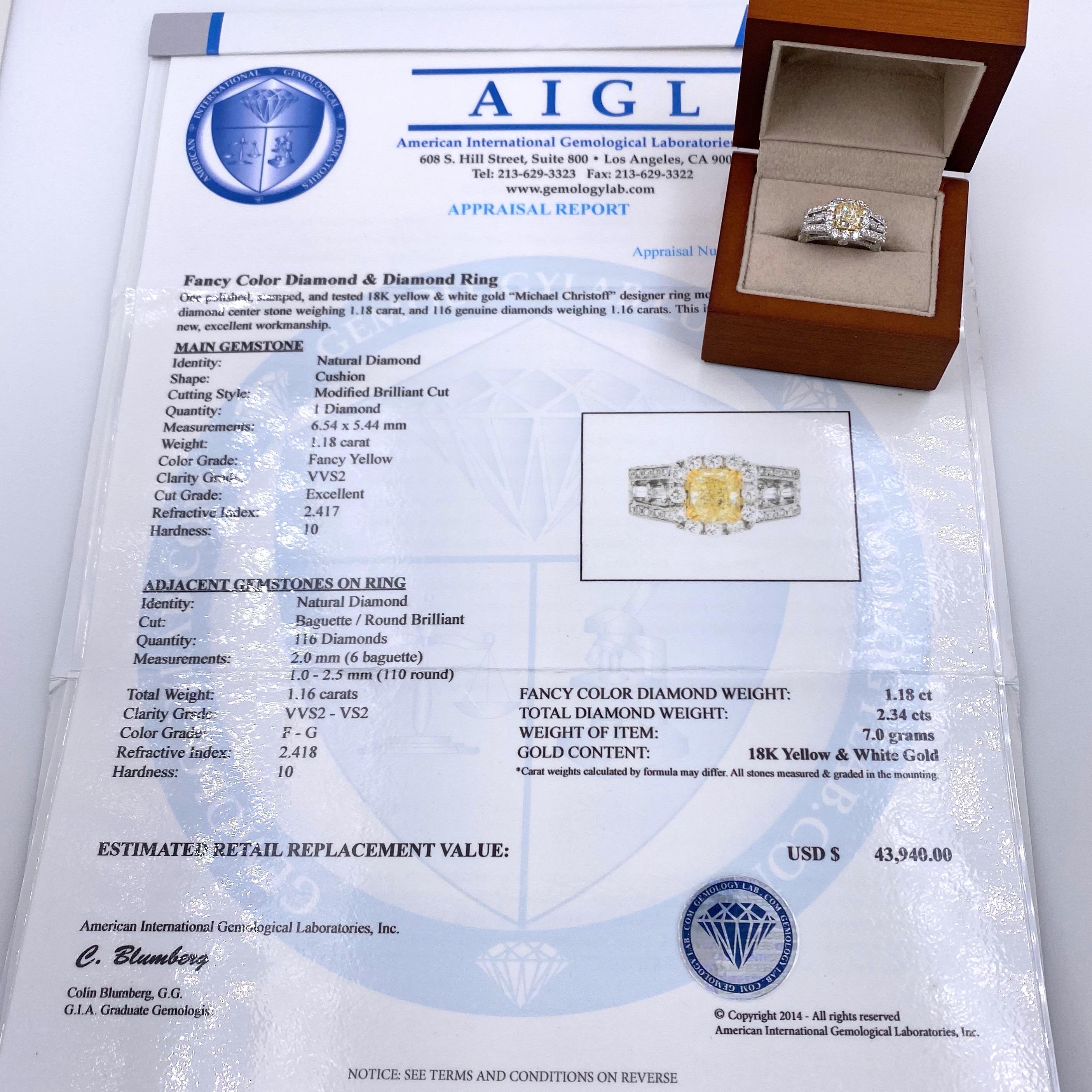 Michael Christoff Fancy Diamond Engagement Ring
Style:  Halo with Diamond Bands
AIGL Number:  American International Gemological Laboratories, INC R6685AYD/FJ-11711
Metal:  18kt White & Yellow Gold
Size:  6 - sizable
TCW:  2.34 tcw 
Main Diamond: 